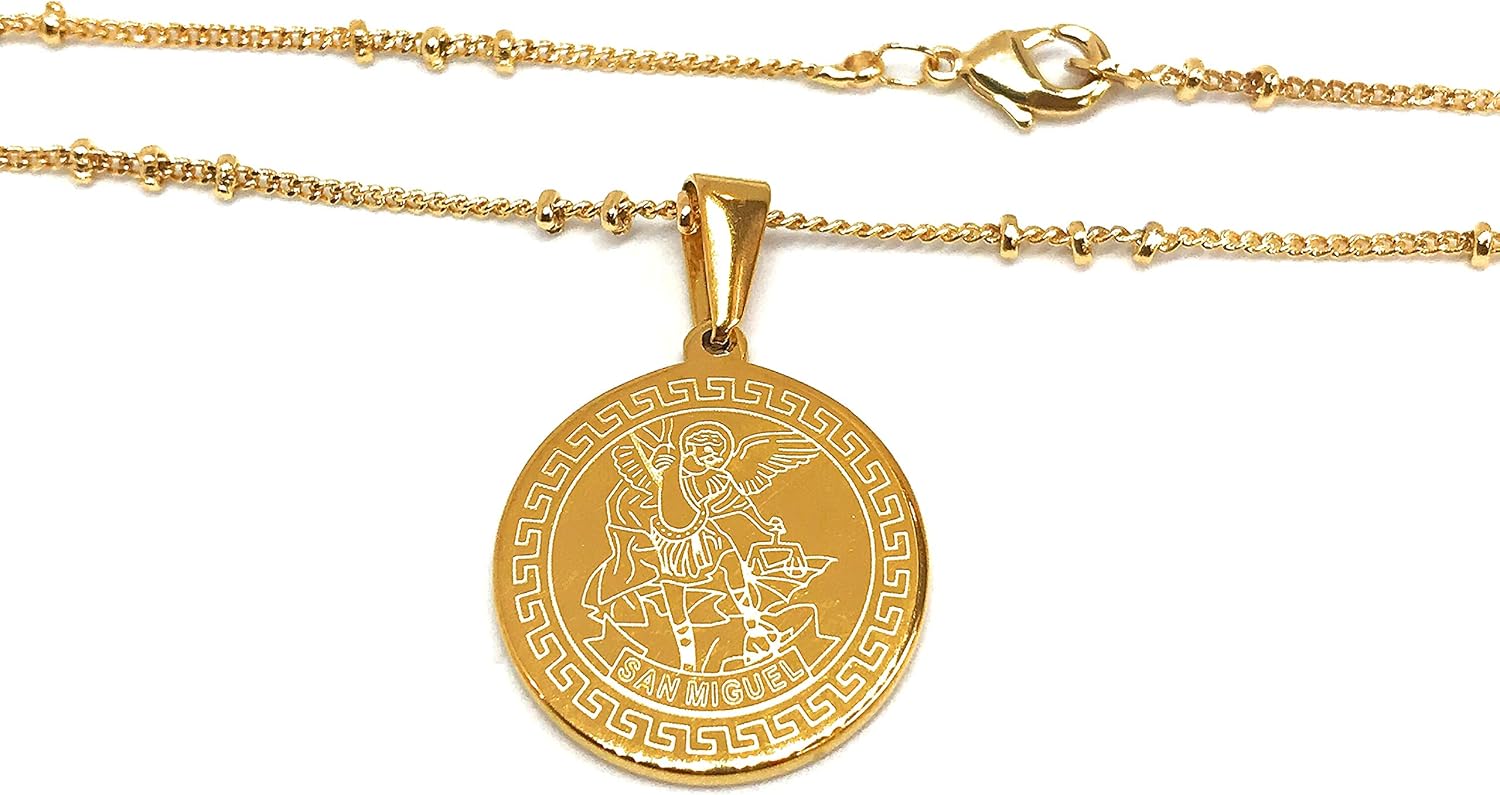 LESLIE BOULES Saint Michael Archangel Necklace 18 Inches Stainless Steel 18K Gold Plated Pendant - Image 4