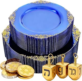 102PCS Blue Plastic Plates - Royal Gold Disposable Plates - Clear Blue Party Plate - Heavyweight Disposable Plate with Gold Rim - Fancy Dinner & Dessert Plates for 51 Guests Party Wedding