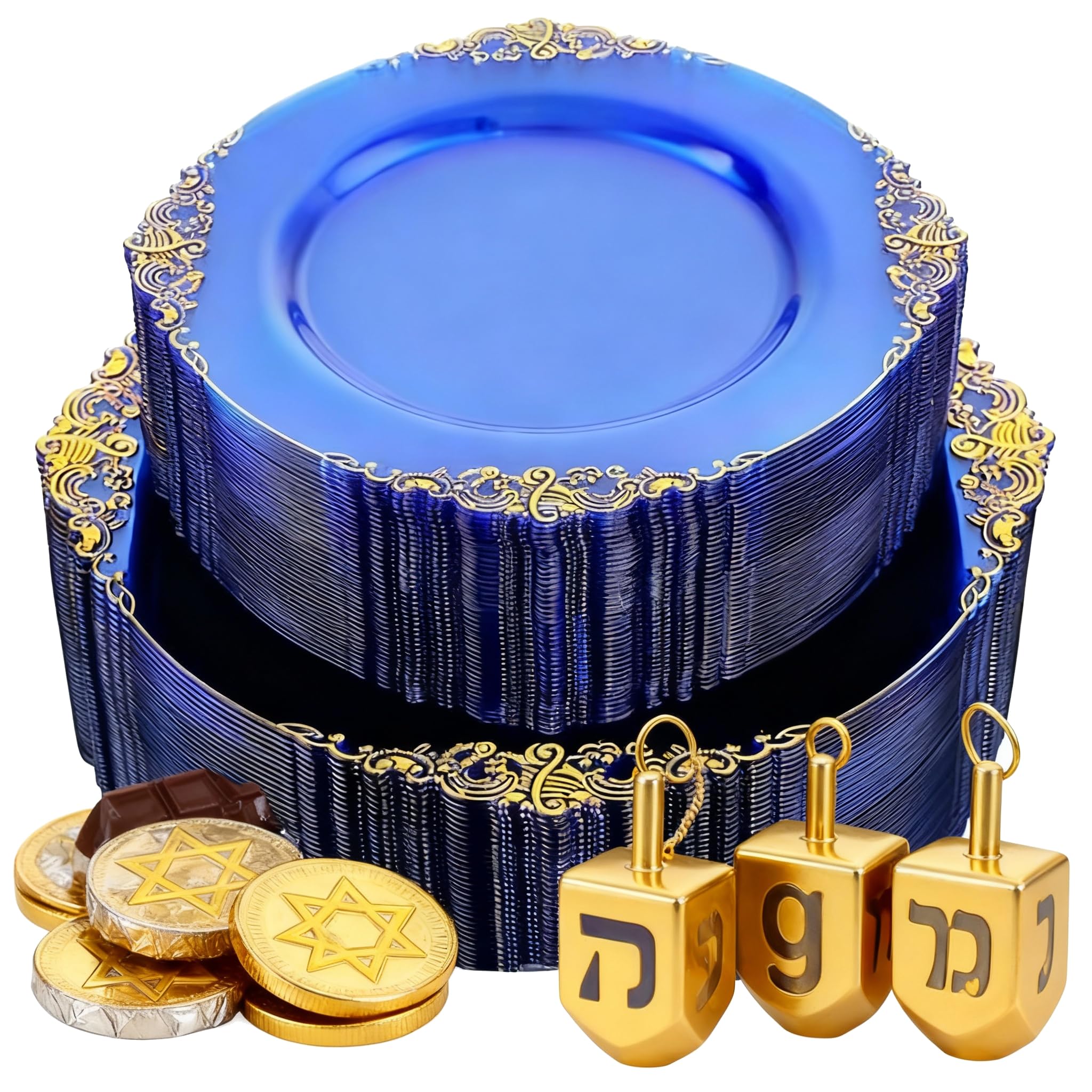 102PCS Blue Plastic Plates - Royal Gold Disposable Plates - Clear Blue Party Plate - Heavyweight Disposable Plate with Gold Rim - Fancy Dinner & Dessert Plates for 51 Guests Party Wedding