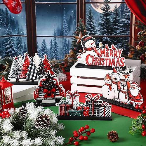 Miniatura 3 de Huwena 5 piezas de decoración de mesa de Navidad, centros de mesa de Navidad, letreros de alegría, muñeco de nieve, reno, guantes para invierno,