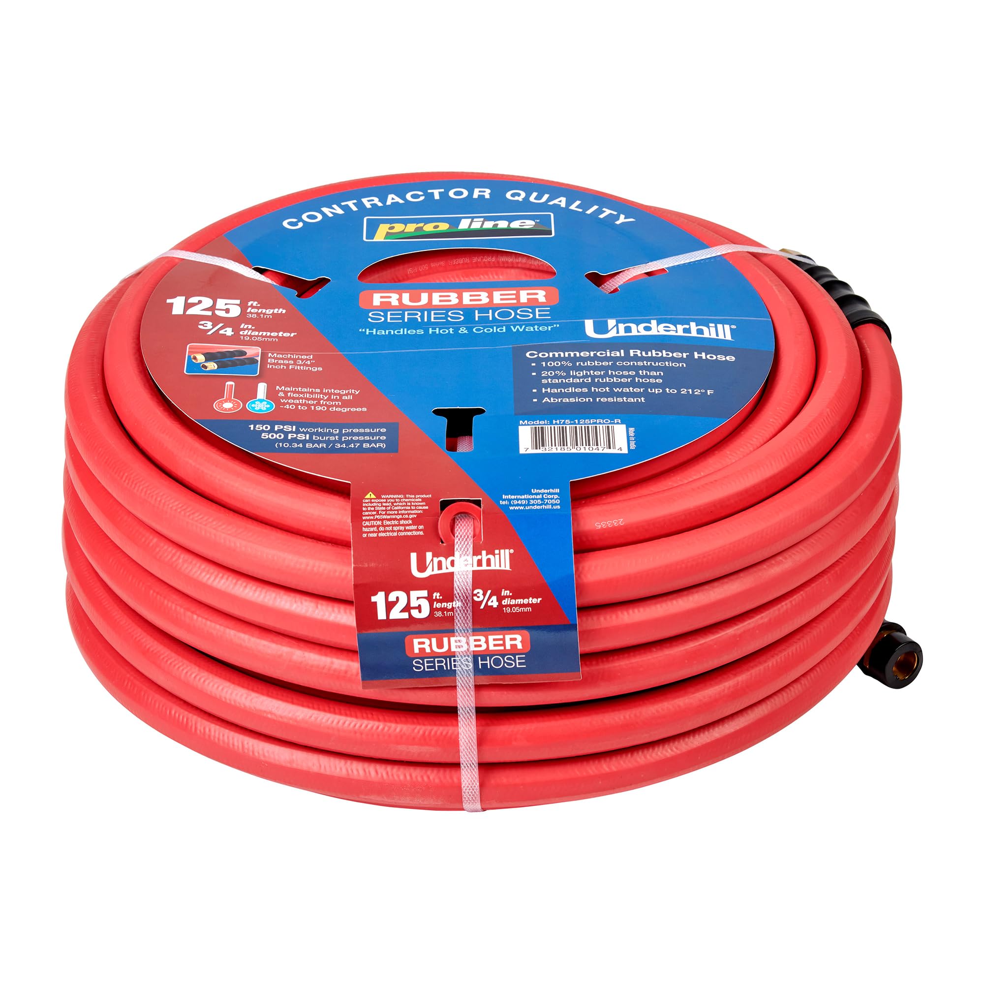 Underhill Proline Rubber Series - Manguera de jardín resistente para agua caliente o fría, ligera, 500 PSI BP, 165 PSI WP, H75-125PRO-R 3/4 pulgadas x 125 pies, color rojo