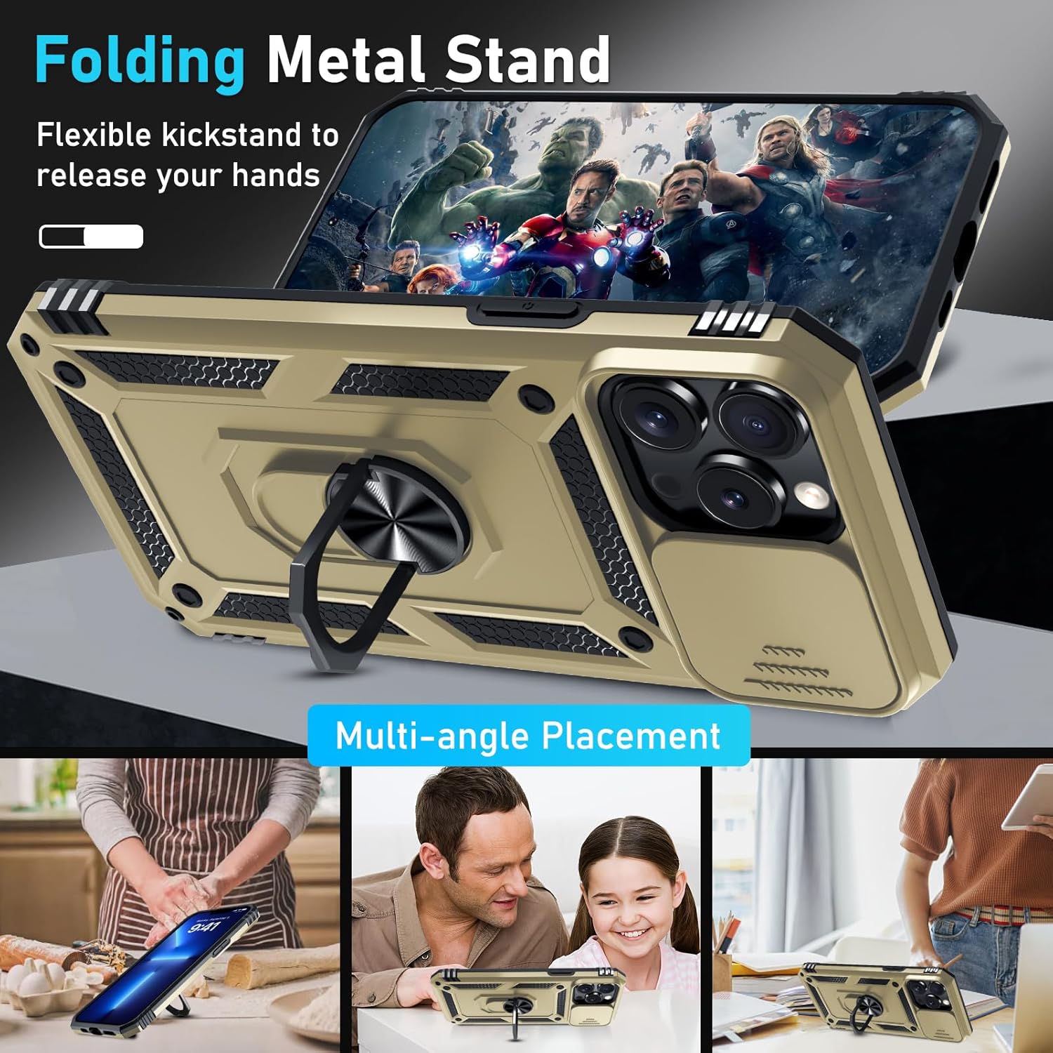 Janmitta Case for iPhone 12 & 12 Pro Phone Cover Built in Slide Camera Lens Cover+Screen Protector,Heavy Duty Shockproof Full Body PhoneCase with Finger Ring Holder Kickstand,Gold - Image 2