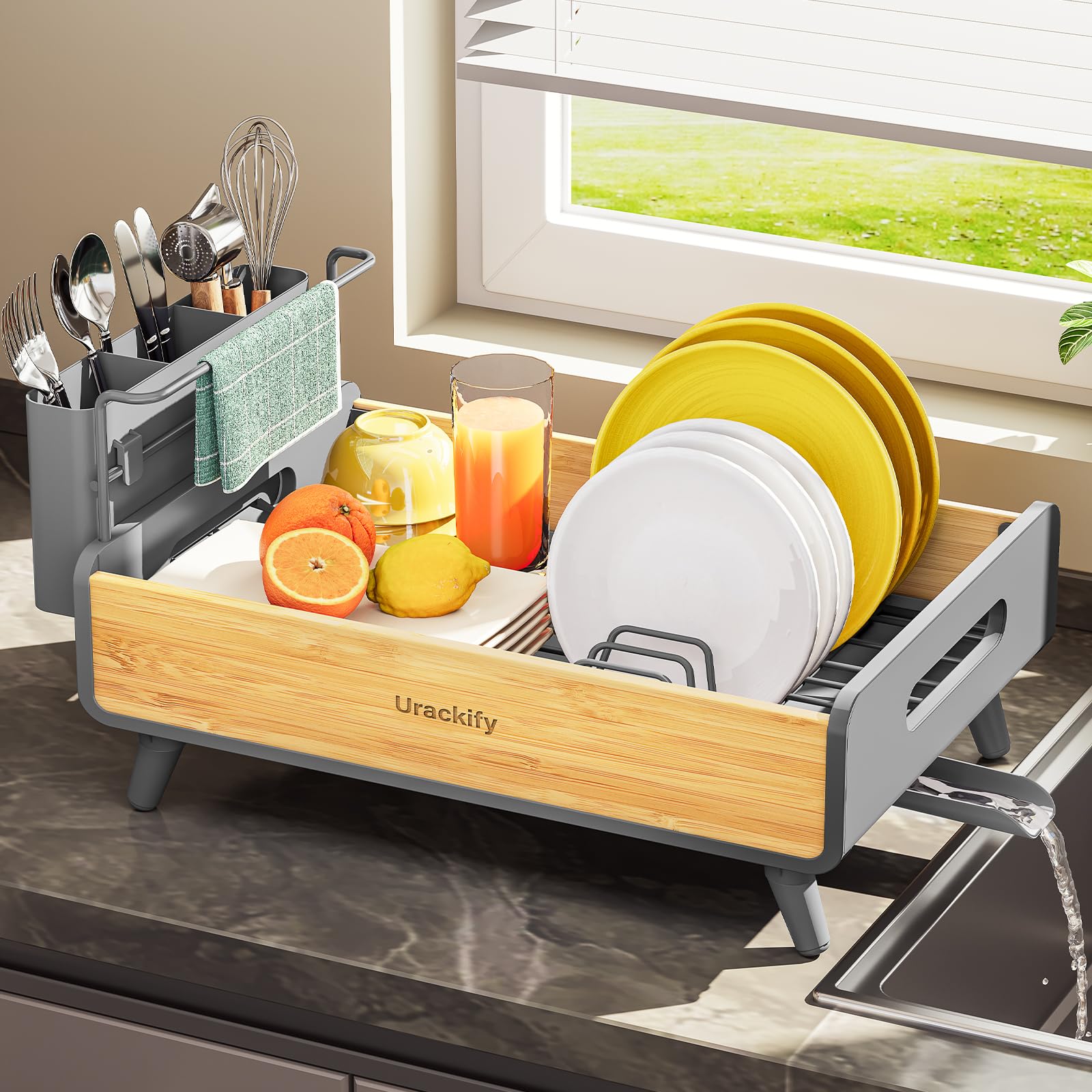Urackify Escurridor de platos para encimera de cocina, escurridor de platos de acero inoxidable y bambú, escurridor de platos con gran soporte extraíble para utensilios, escurridor de platos con