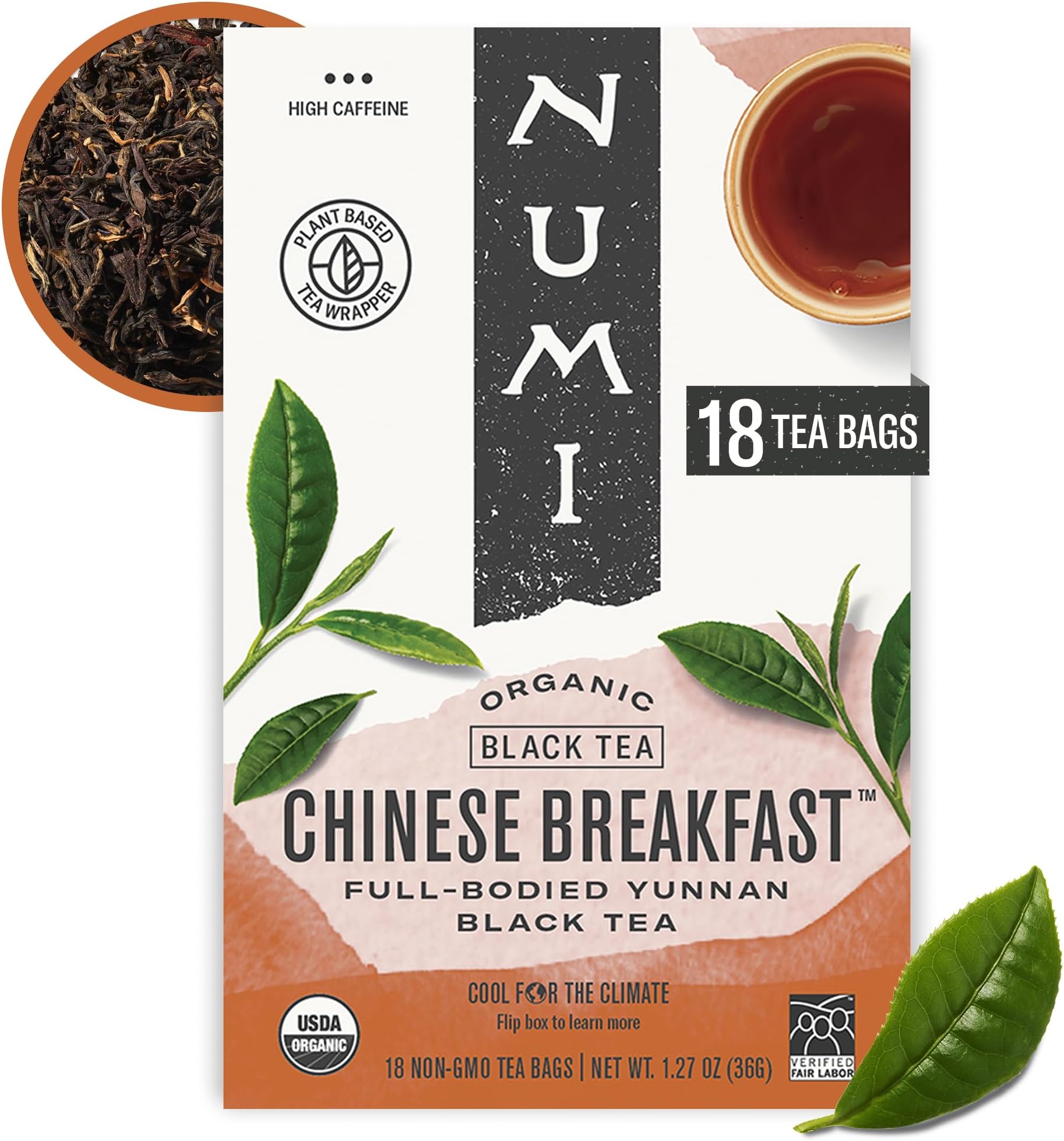 Numi Organic Tea-Chinese Breakfast, Full Leaf Black Tea, 18 Count (1 box) non-GMO Tea Bags (Packaging May Vary)-Premium Organic Yunnan Black Tea Drink Hot or Iced