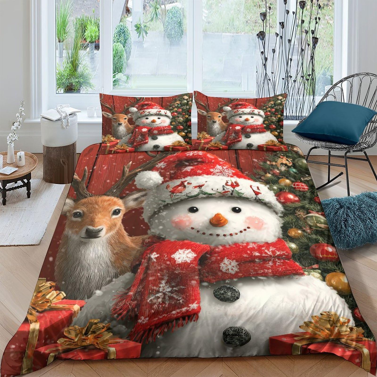 Ctjqhvkz Style-1 3D Printed Snowman Christmas Fitted Sheet Microfiber Soft Red Reindeer Bed Cover For Bedroom Guest Room Holiday Decor Single（135X200cm）