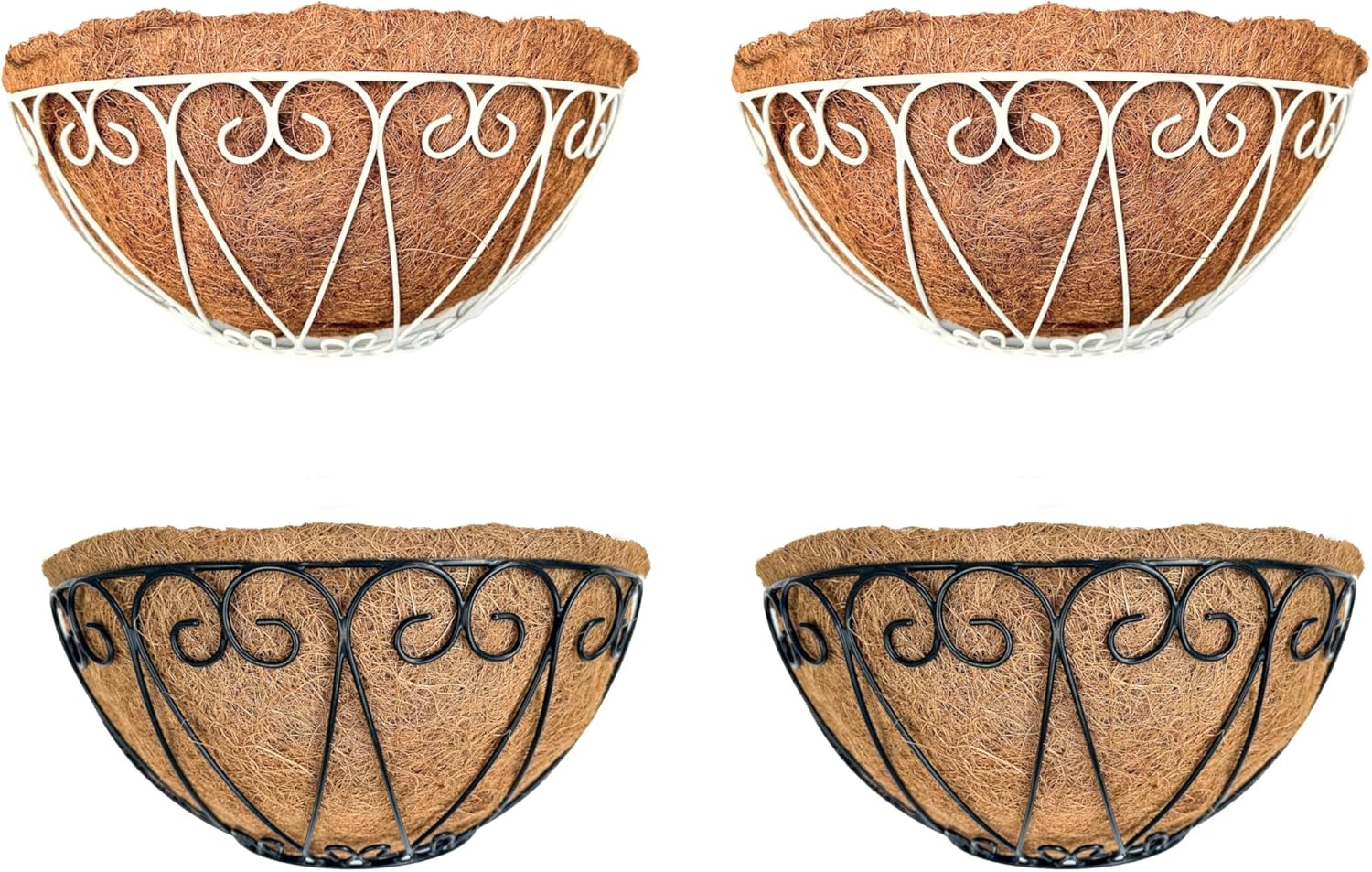 LaLaGreen Bundle- 2 Pack, 12 Inch White + 2 Pack, 12 Inch Black Semi-Circle Outdoor Planter with Coco Liner Hanging Wall Mounted Plant Flower Basket Fence Railing Deck Porch Patio Balcony Garden Decor