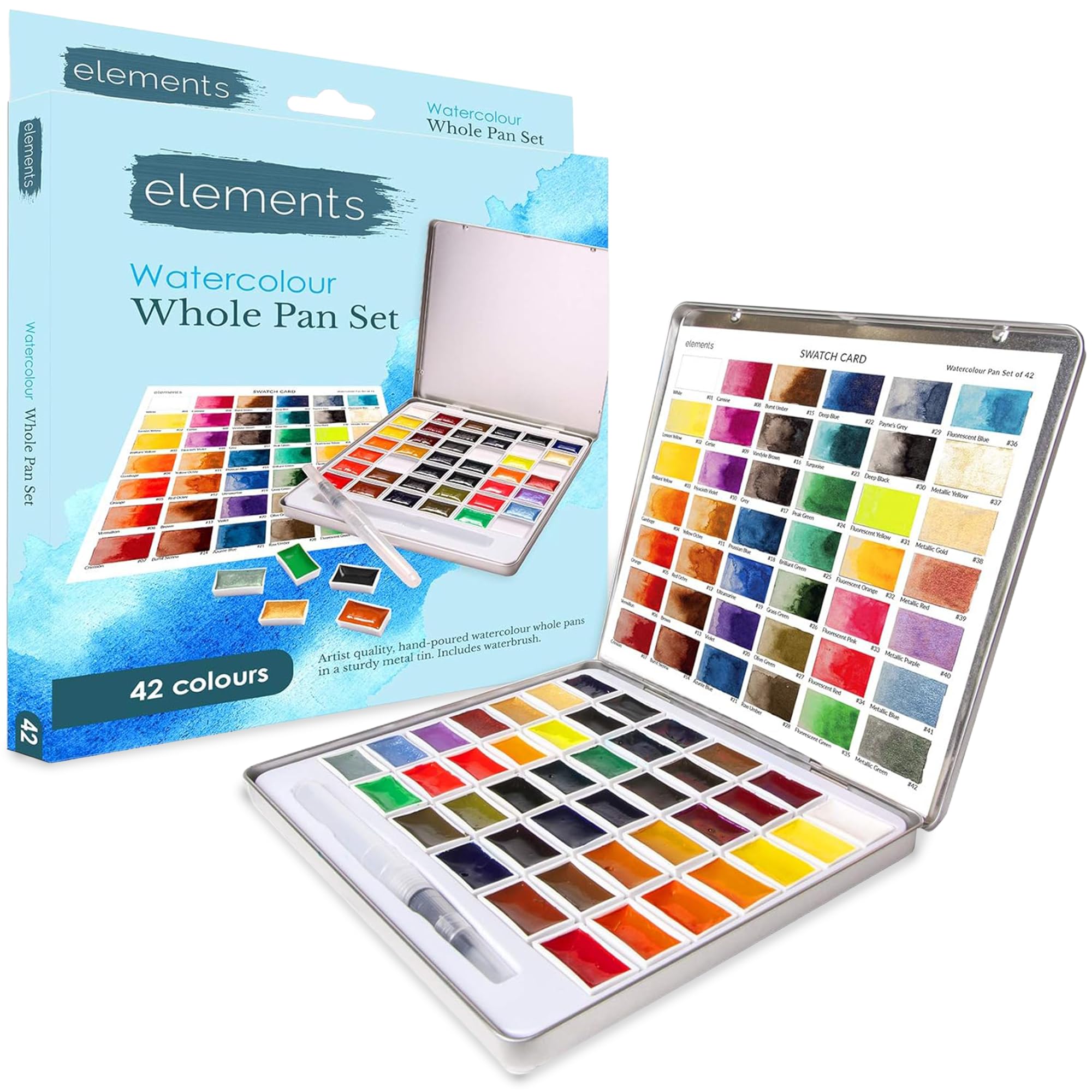 Elements Aquarellfarben-Set – 42 Premium-Aquarellfarben ganze Pfannen – handgegossene cremige Farbpfannen perfekt für Künstler, Anfänger, Studenten oder Hobbyisten mit 1 vielseitigem Wasserpinsel