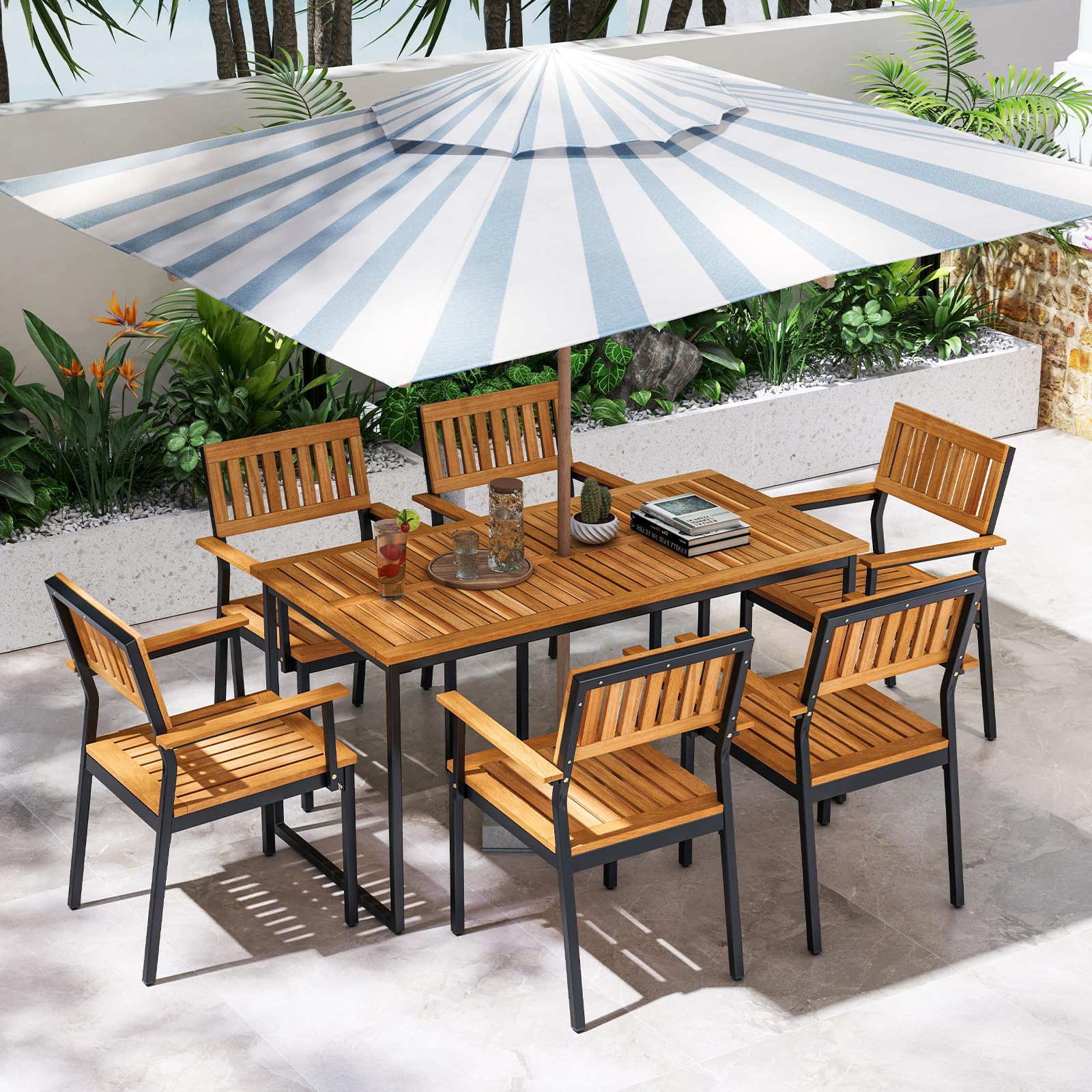 KOMFOTTEU Table à Manger de Jardin avec Trou pour Parasol, Table à Manger en Bois d'acacia pour 6 Personnes, 140 x 70 x 73 cm, Extérieur & Intérieur, Tables de Cour avec Jambes en Métal