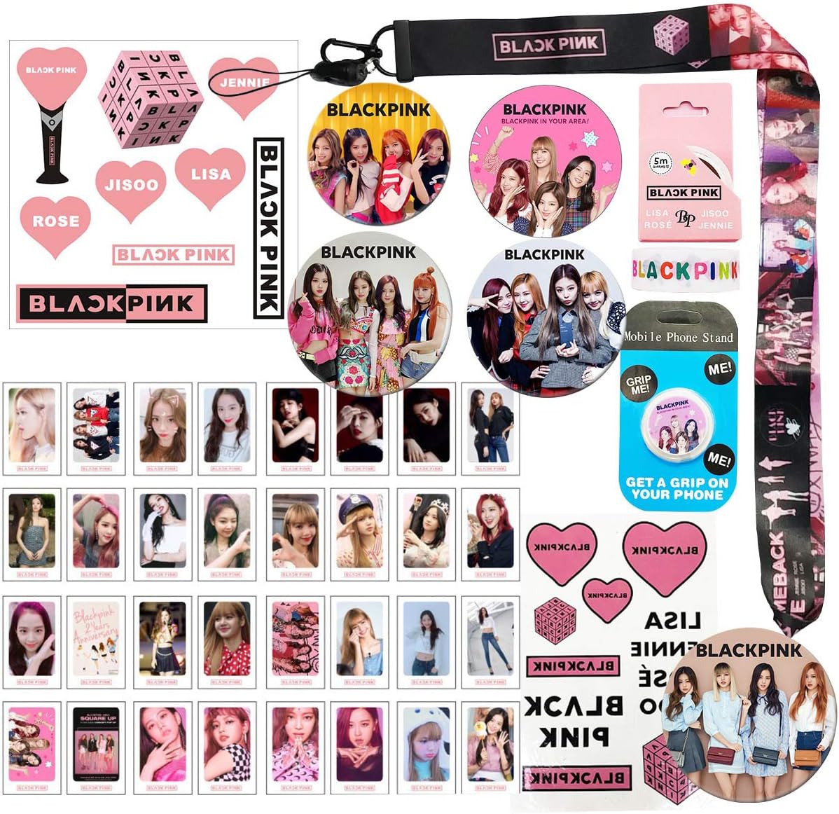 Blackpink Gifts Set for Blink-40 Pack Blackpink Lomo Card,5 Pack Button Pins,1 Pcs Neck Long Lanyard,1 PCS Blackpink Airbag Phone Holder,1pcs 3D Bubble Sticker,1 Double-Sided Tape,1 Tattoo Sticker