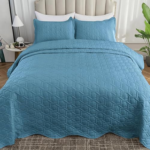 Miniatura 8 de Juego de edredón tamaño King de 3 piezas, colcha de verano suave y ligera, colcha reversible de microfibra para todas las estaciones, azul spa,