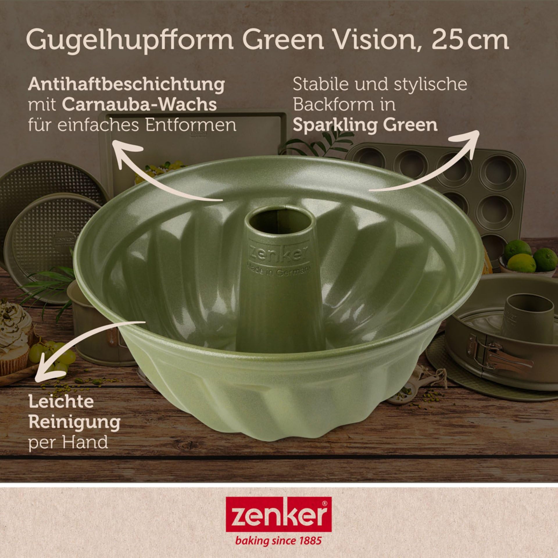 Zenker Guglhupf Backform – Hochwertige und stabile Backform in grün für leckeren Gugelhupf – Gugelhupfform mit veganer Antihaftbeschichtung