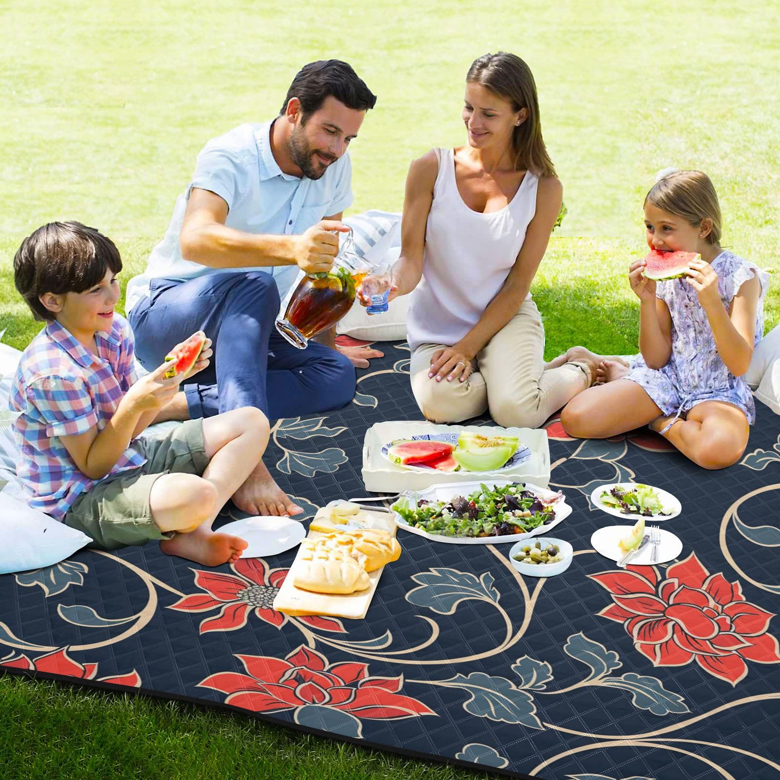 Mantas de picnic con diseño floral tradicional, color rojo, grande, plegable, para césped