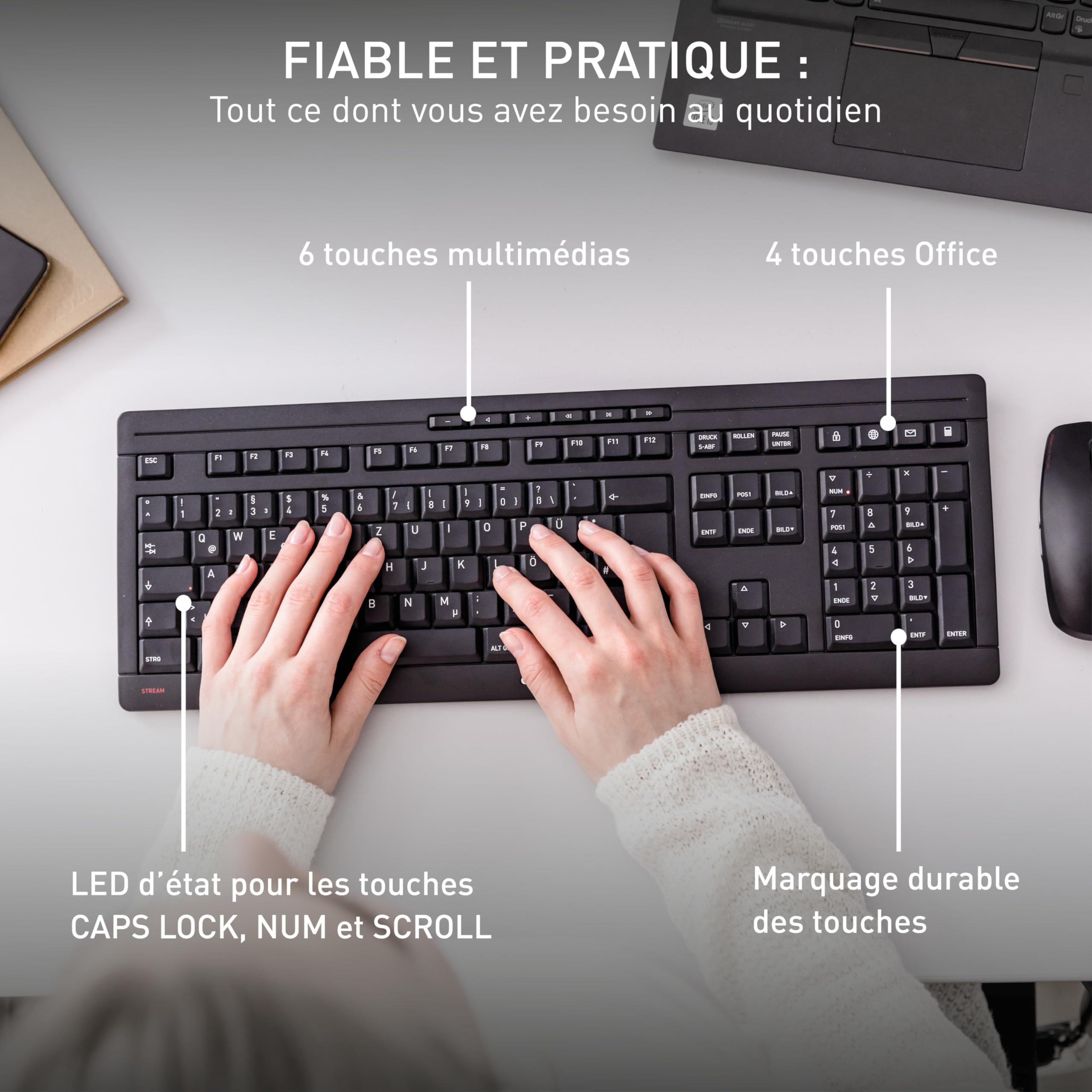 Cherry Stream Desktop, Ensemble Clavier et Souris sans Fil, Disposition française (AZERTY), Connexion Radio 2,4 GHz, Frappe silencieuse, Alimenté par Batterie, Noir
