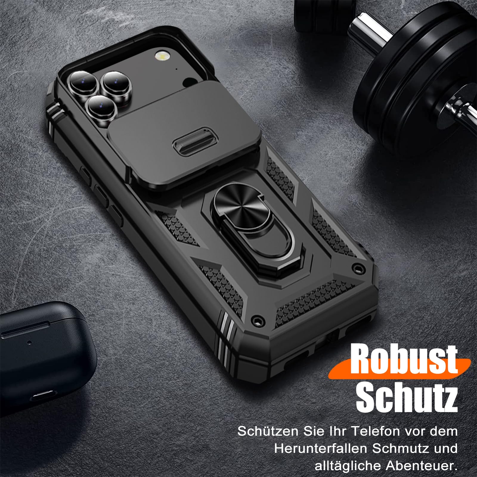 Giyer Handyhülle für iPhone 17 Pro Max Hülle mit Schutzfolie, Panzerhülle Case mit Kameraschutz 360° Metall Ring Ständer Stoßfest Bumper Schutzhülle für iPhone 17 Pro Max 5G Cover Tache (Schwarz)