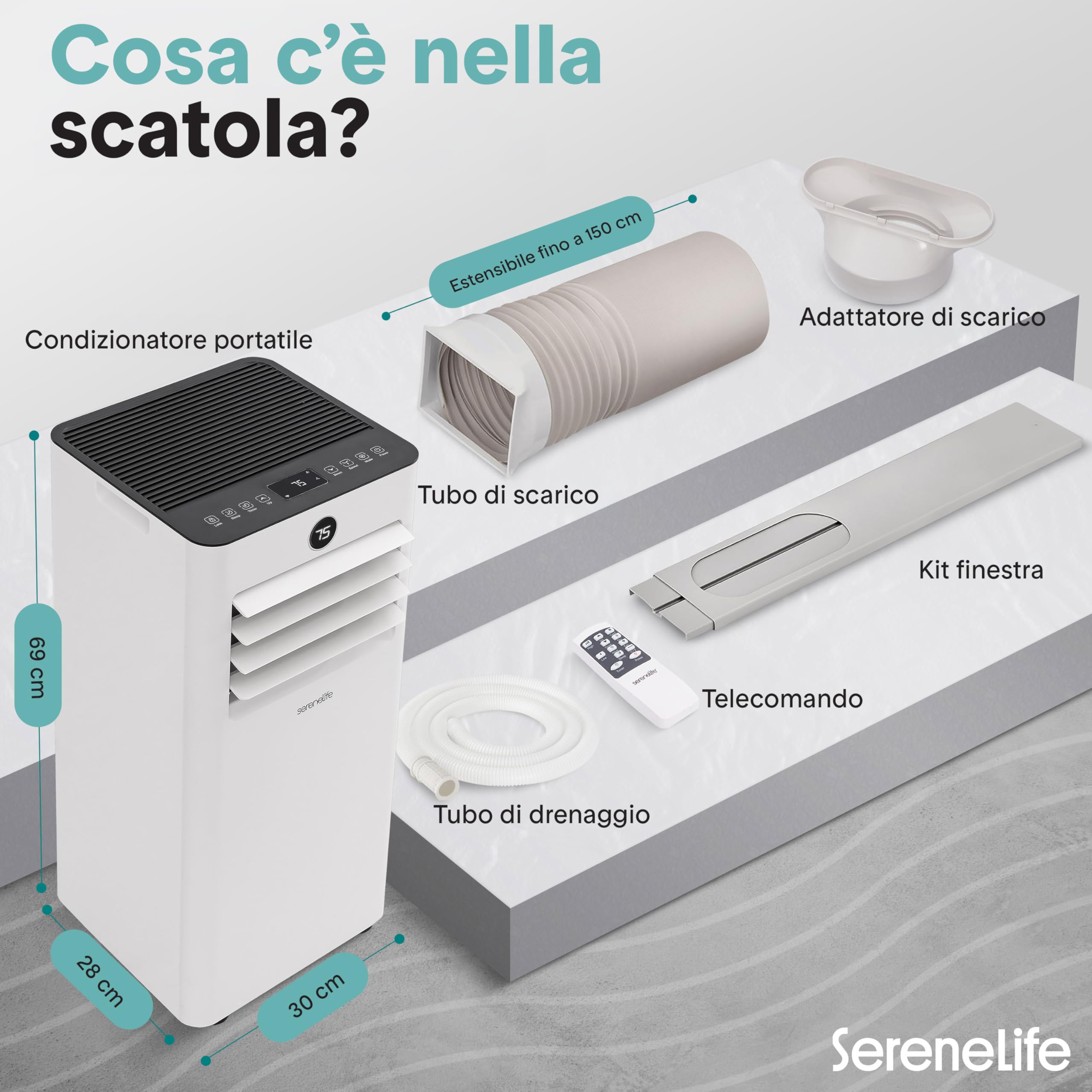 SereneLife Climatiseur Portable 9000 BTU WiFi, Climatiseur Mobile Compact avec Télécommande – Clim 3-en-1 Rafraichisseur d’Air Ventilateur, Kit Fenêtre pour Maison Bureau