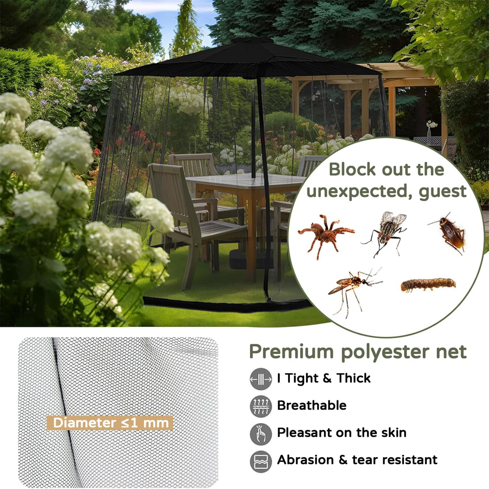 Ombrellone da giardino per esterni, zanzariera per tavolo da patio, protezione dagli insetti per gazebo e ombrelloni dritti, resistente ombrellone da esterno in rete