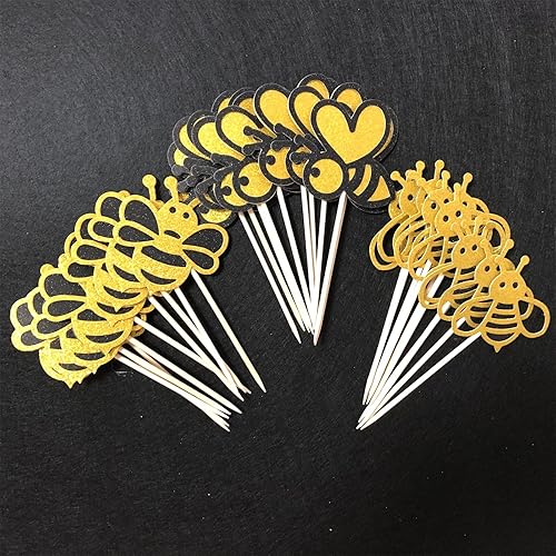 Miniatura 7 de ALISSAR Paquete de 30 adornos para cupcakes de abejorro con purpurina, para revelación de género de abejorros para baby shower, fiesta de