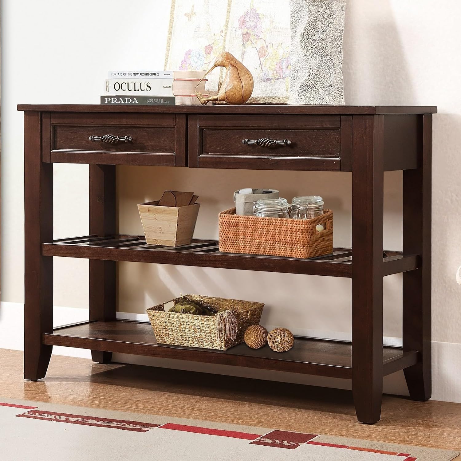 KEIKI 42”L Pine Solid Wood Entryway Console Table with 2 Storage Drawers, Mid-Century Retro Behind Couch Sofa Table with 2 Tiers Open Shelf for Hallway, Entrance, Entry Way, Living Room, Foyer