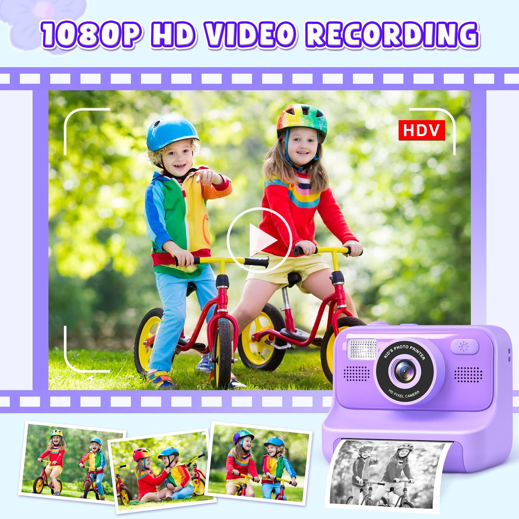Subtail Appareil Photo Instantané Enfant - 2.4 Écran Appareil Photo Numérique Enfant avec Mode Selfie et Carte 32GB et Papier d'impression - Cadeau Jouet pour Enfant Garçons Filles de 3-12 Ans -Violet