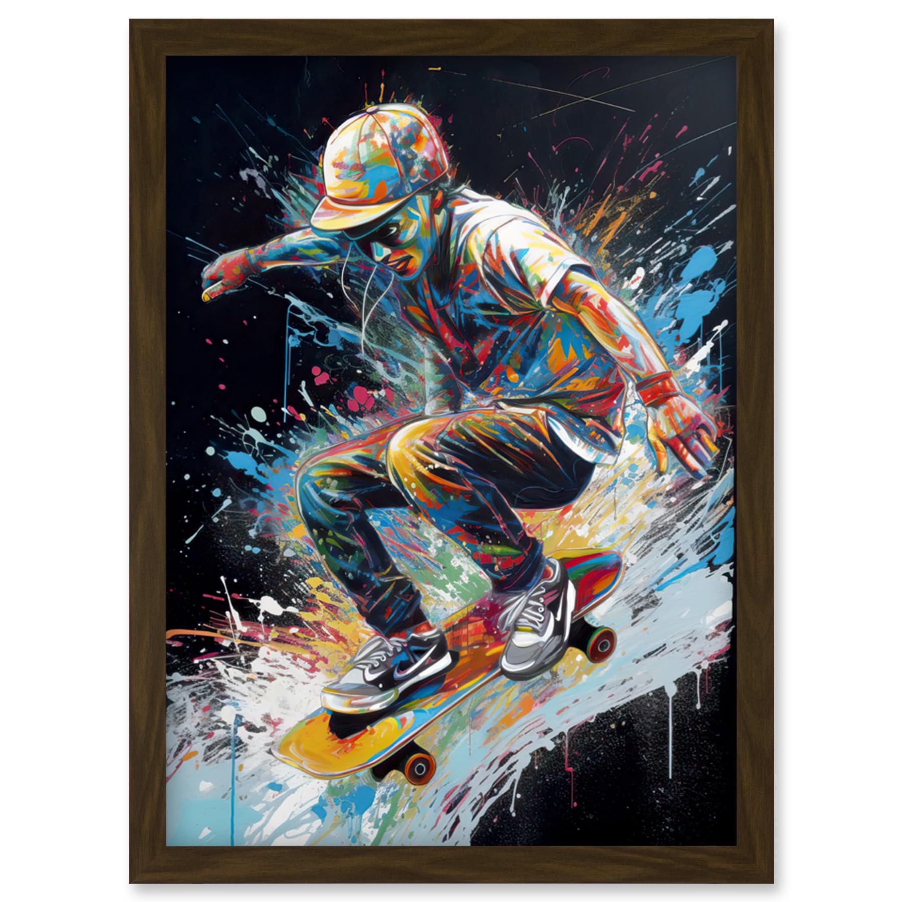 Artery8 Skateboarder Skating Multicoloured Splat Paint Artwork Framed Wall Art Print A4