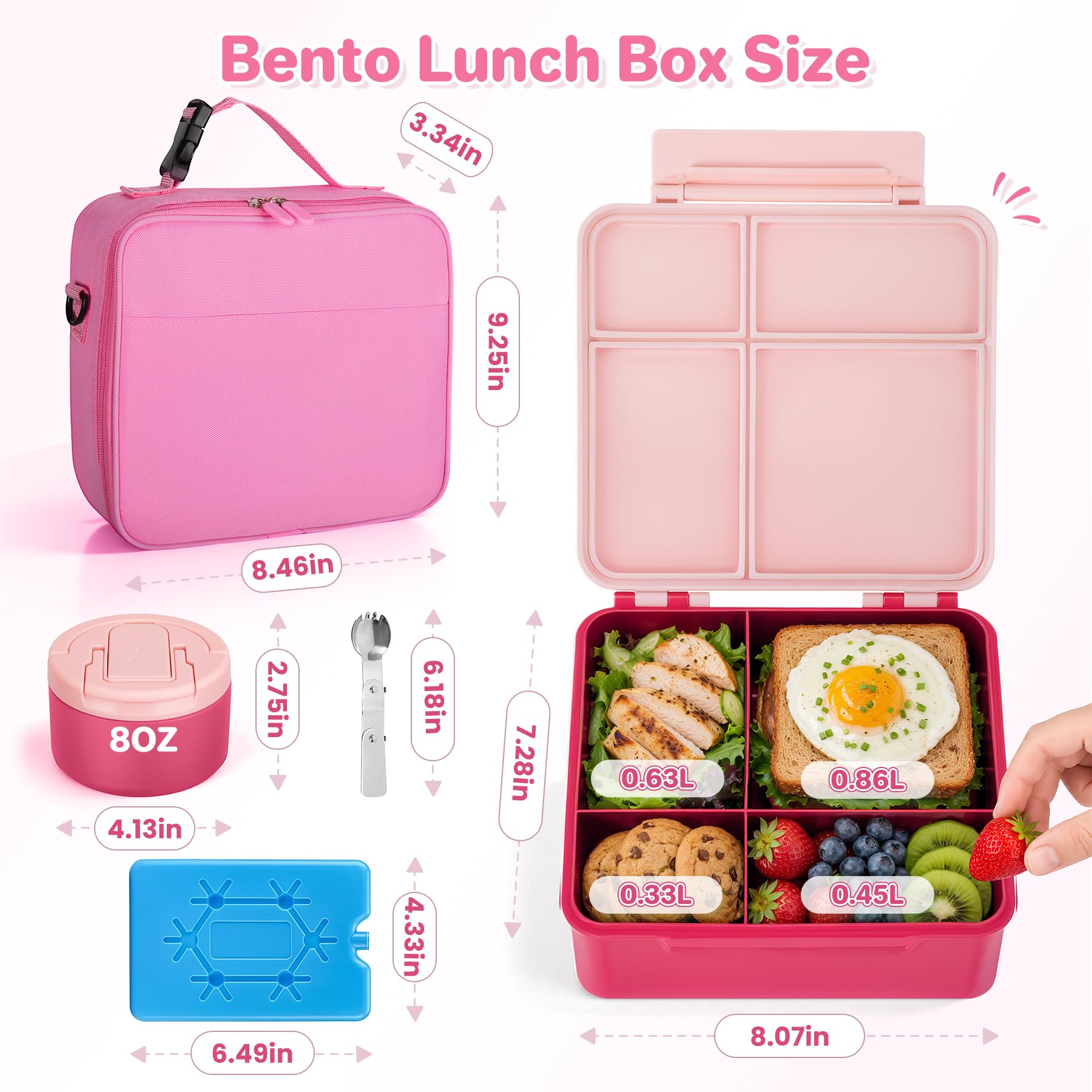Bento-Lunchbox mit 237 ml Suppen-Thermo, auslaufsichere Lunch-Lebensmittelbehälter für Kinder mit 4 Fächern, Thermo-isoliertes Glas für heiße Lebensmittel und Lunchtasche für die Schule, Trvael-Pink