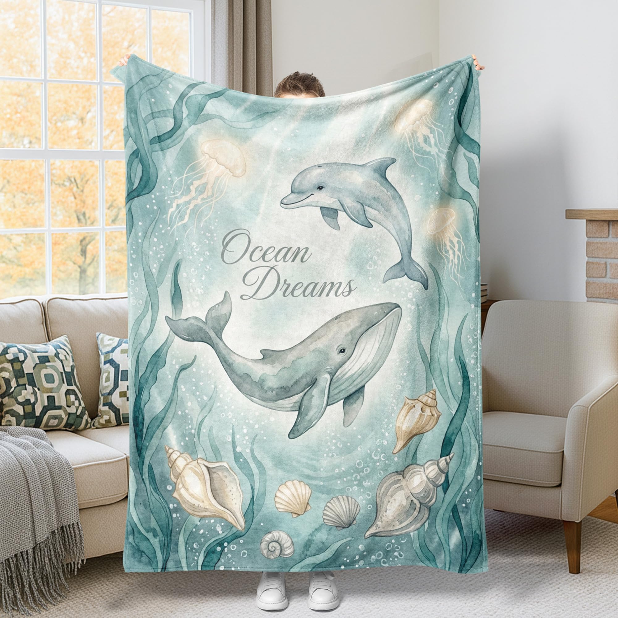 Jeté de lit molleton doux turquoise 152x203 cm couverture motif dauphin