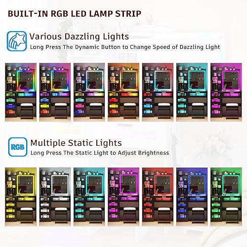 Miniatura 3 de Escritorio de tocador LED RGB con espejo y luces, escritorio de maquillaje con estación de carga 3 en 1, juego de tocador con taburetes y espejo