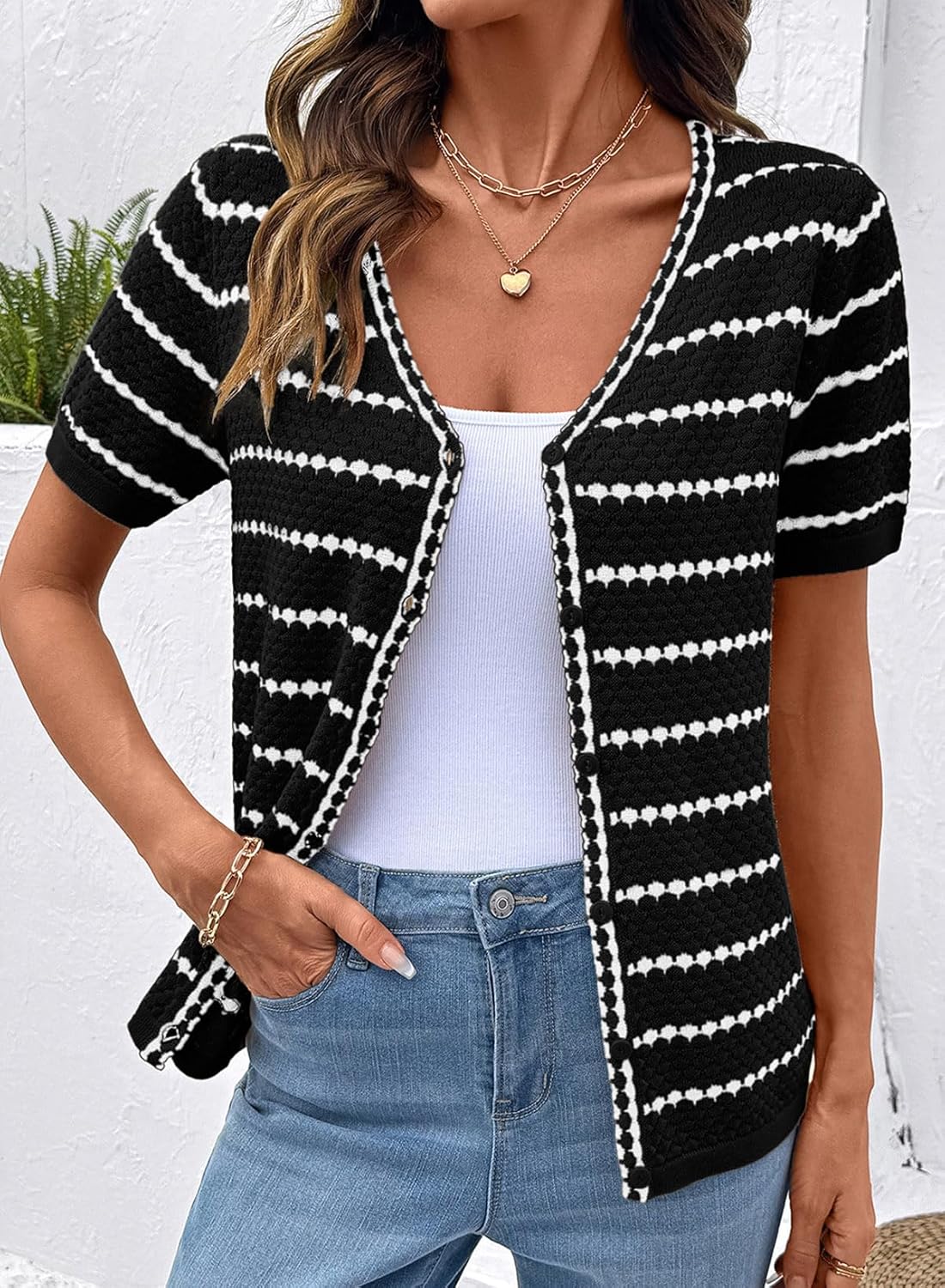 Dokotoo Cardigan Sweaters for Women Spring Summer Short Sleeve Crochet Striped V Neck Button Casual Lightweight Knit Tops - Image 3