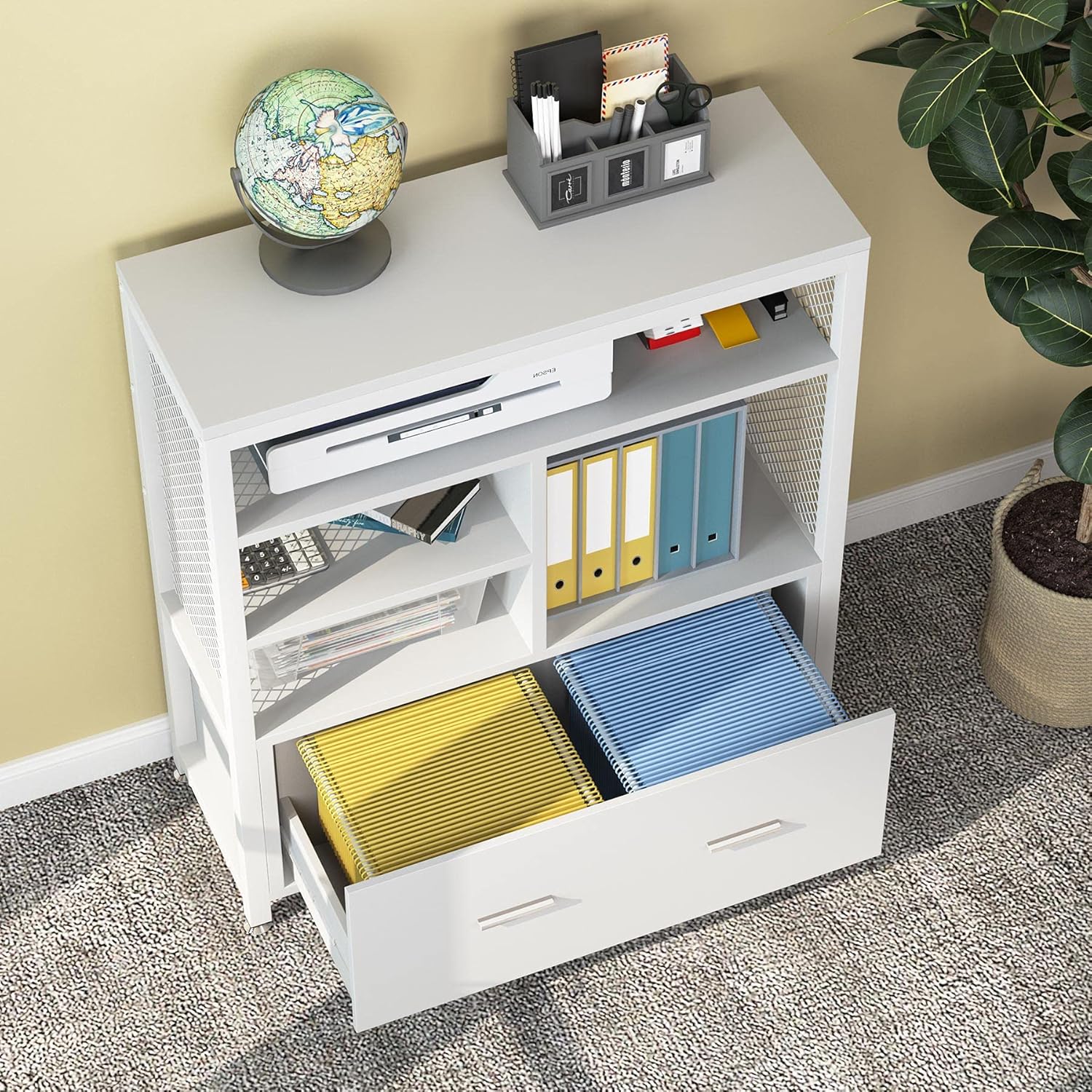 Tribesigns Wood Lateral File Cabinet with Drawer for Letter Size, Large Modern Filing Cabinet Printer Stand with Metal Wire Open Storage Shelves for Home Office (White) : Office Products