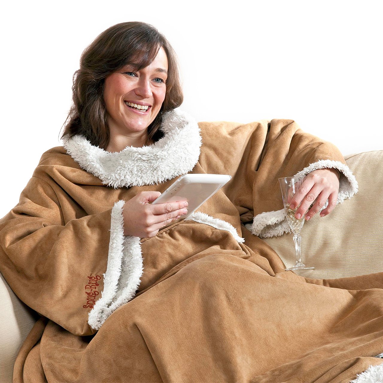 Snug Rug Sherpa miękki koc ze sztucznego zamszu z rękawami, oryginalne koce z rękawami, super miękki, luksusowy, 270 g/m², miękki materiał, ponadwymiarowe, kieszeń dla dorosłych, rozmiar brązowy
