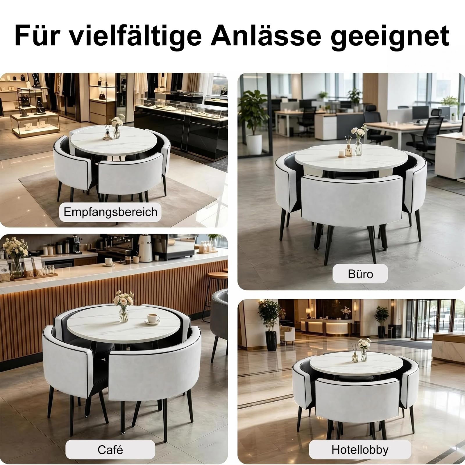 Runder Esstisch und Stühle für 4 Personen, MDF-Esstisch mit PU-Leder Gepolsterten Stühlen, Küchetisch Set Sitzgruppe für Küche für Küche, Wohnzimmer, Balkon, Restaurant, Büro (Rund Schwarz-Weiß)