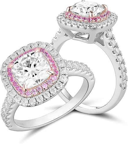DovEggs Anillos de moissanita para mujer, 2 quilates en el centro de 0.295 in GHI de corte cojín, moissanita cultivada en laboratorio, anillo de