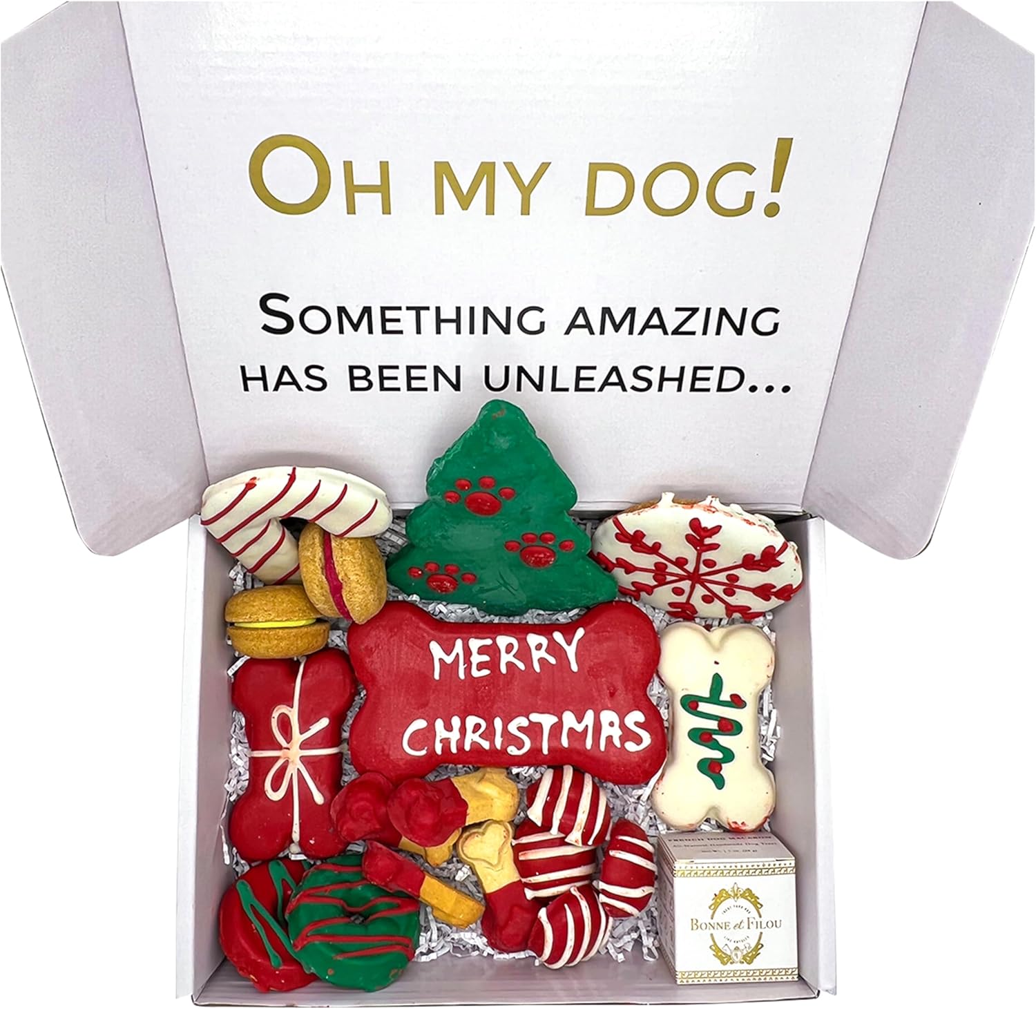 Bonne et Filou Christmas Dog Treats, Luxury Gourmet Gift Box, 18 Hand Designed Macarons, Truffles & Bone Cookies, Perfect Holiday Snack for Medium to Large Dogs