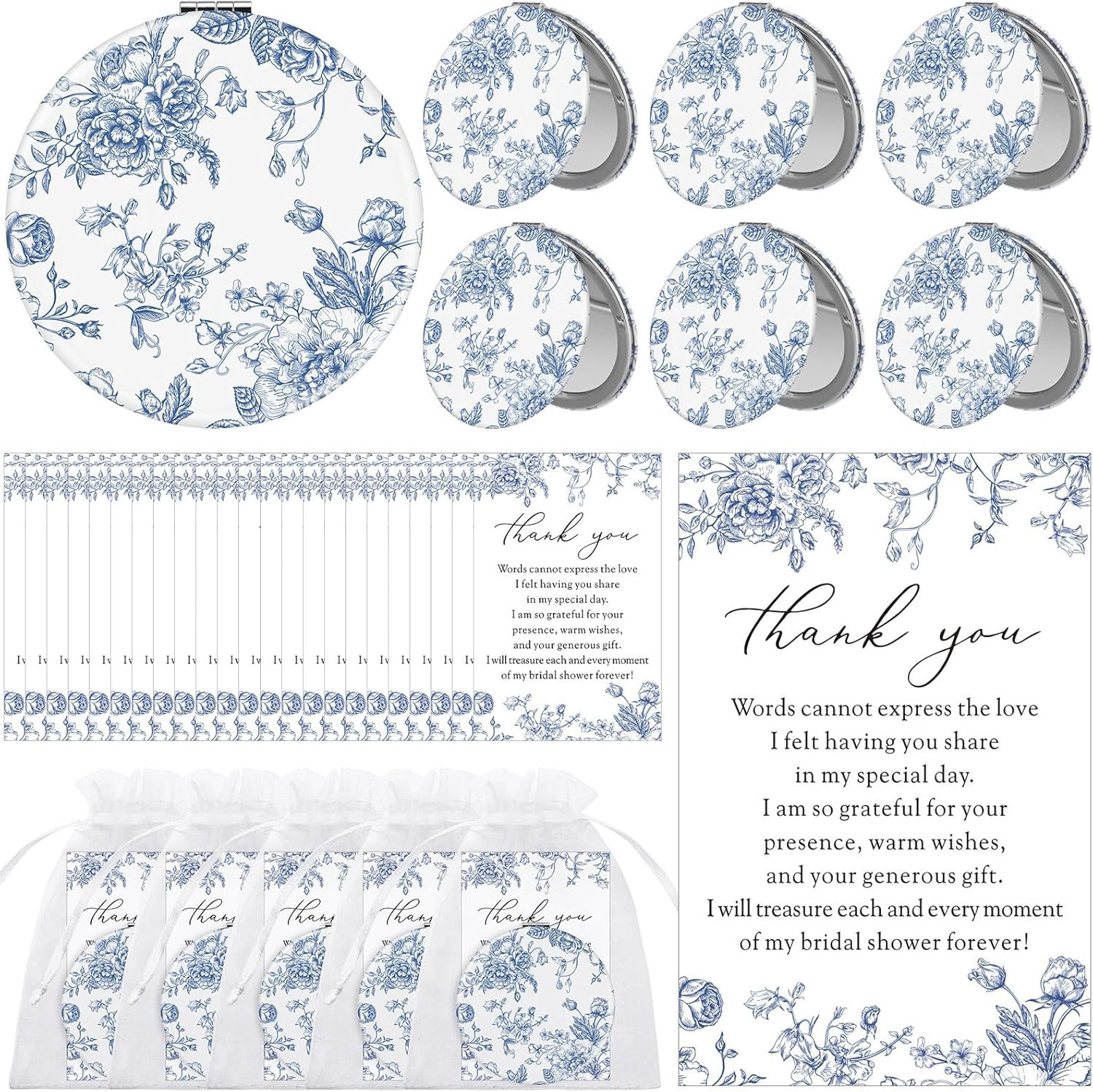 Yalikop 24 Sets Blue Floral Bridal Shower Favors for Guest Flower Folding Leather Compact Makeup Mirror Bulk Thank You Cards with Organza Bags for Bridesmaid Souvenir Gift Wedding Party