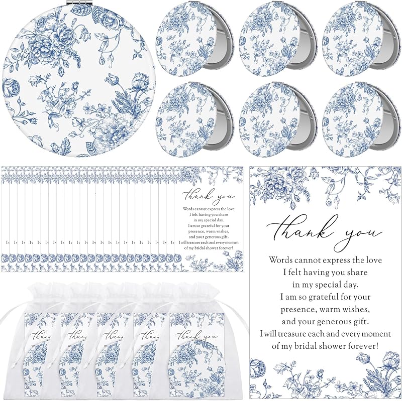 Yalikop Espelhos compactos dobráveis com estampa floral azul, pacote com 24