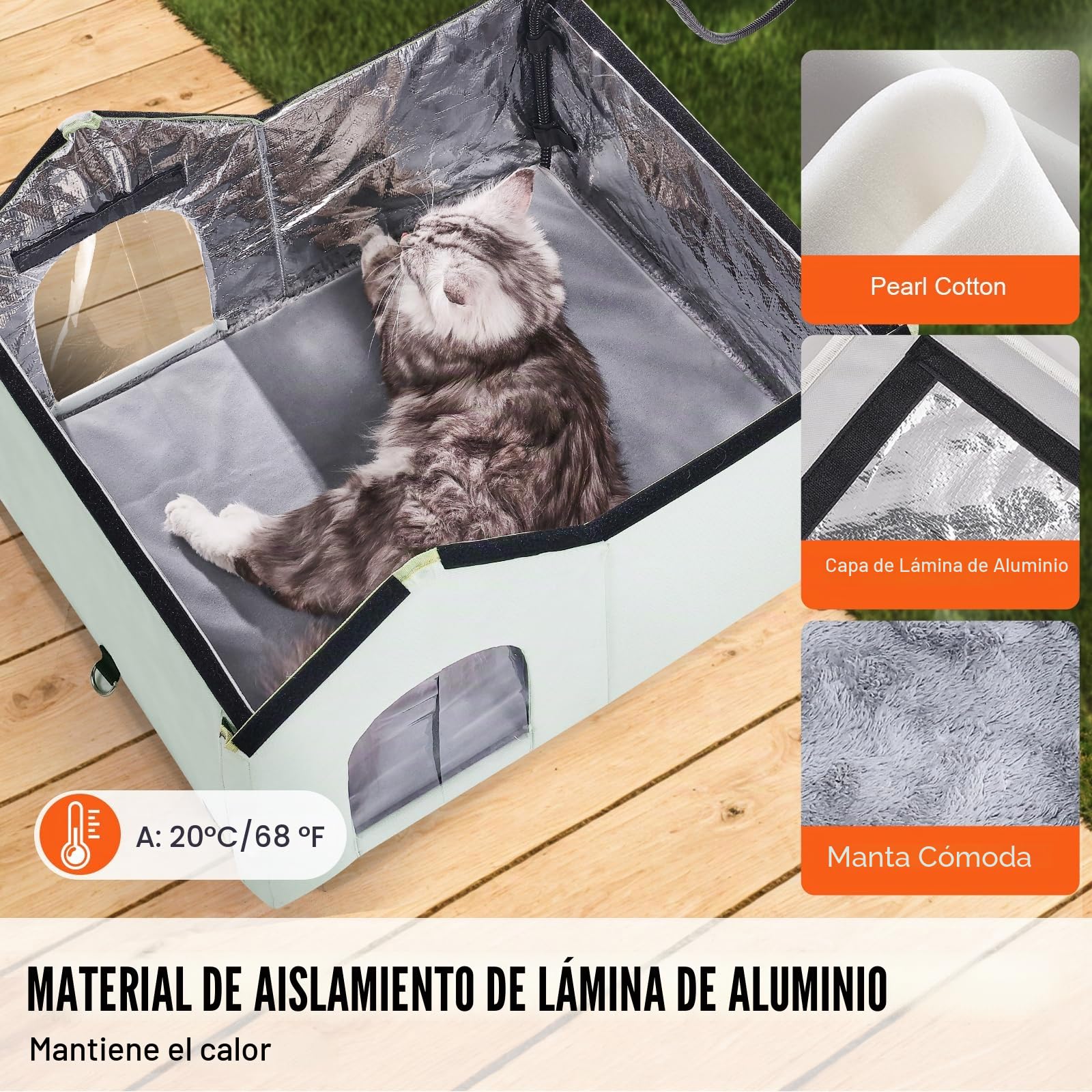 VEVOR Casa para Gatos con Calefacción de 67 x 56 x 41 cm, Refugio para Gatos Plegable Al Aire Libre de Tela Oxford 600D con Almohadilla Térmica, Temperatura Ajustable y Temporizador, Verde (Grande)