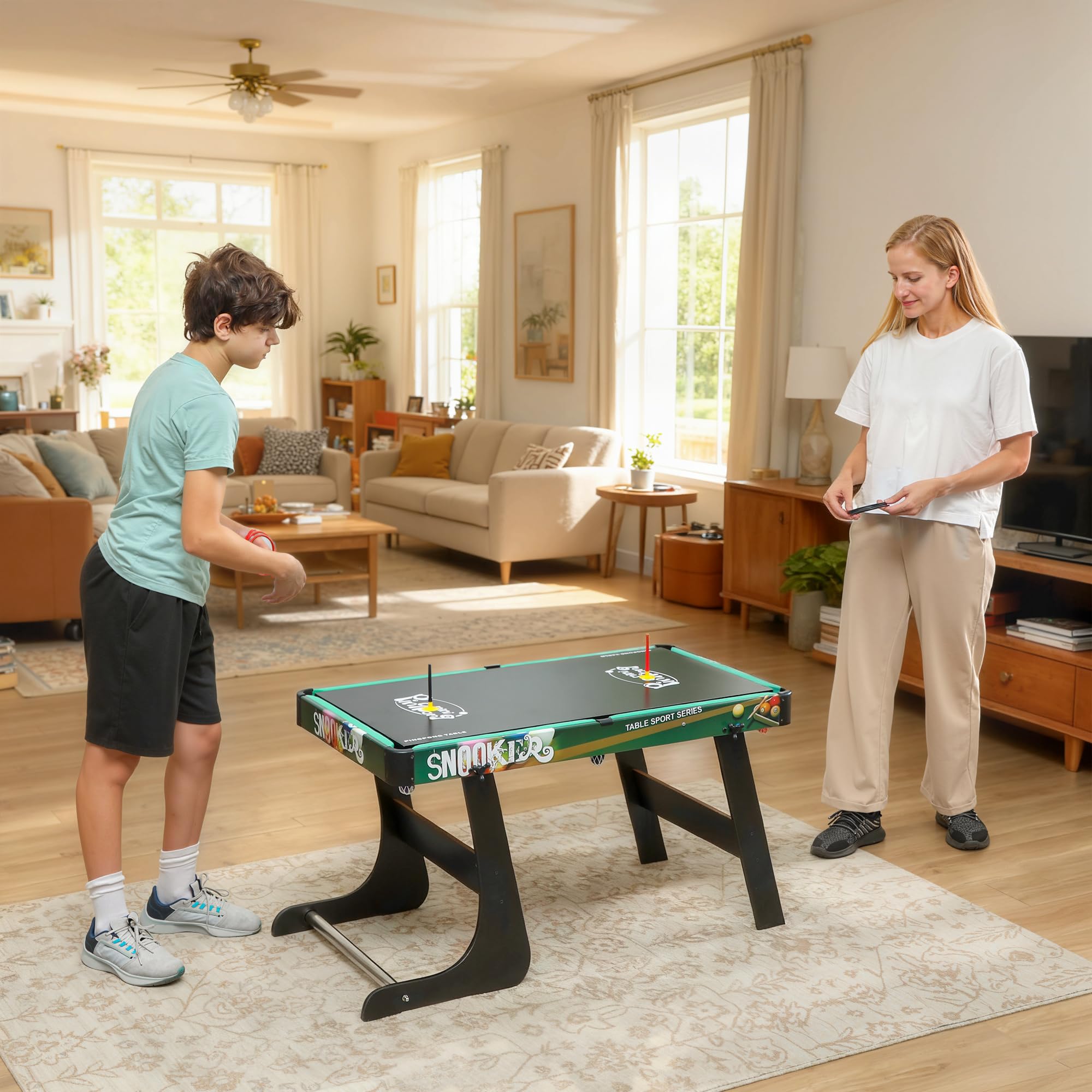HOMCOM Mesa Multijuegos 6 en 1 Plegable para Niños de 7+ Años Mesa de Juegos Billar Futbolín Ping Pong Aro de Lanzamiento Hockey sobre Hielo Aire Hockey 118x104x71 cm Multicolor
