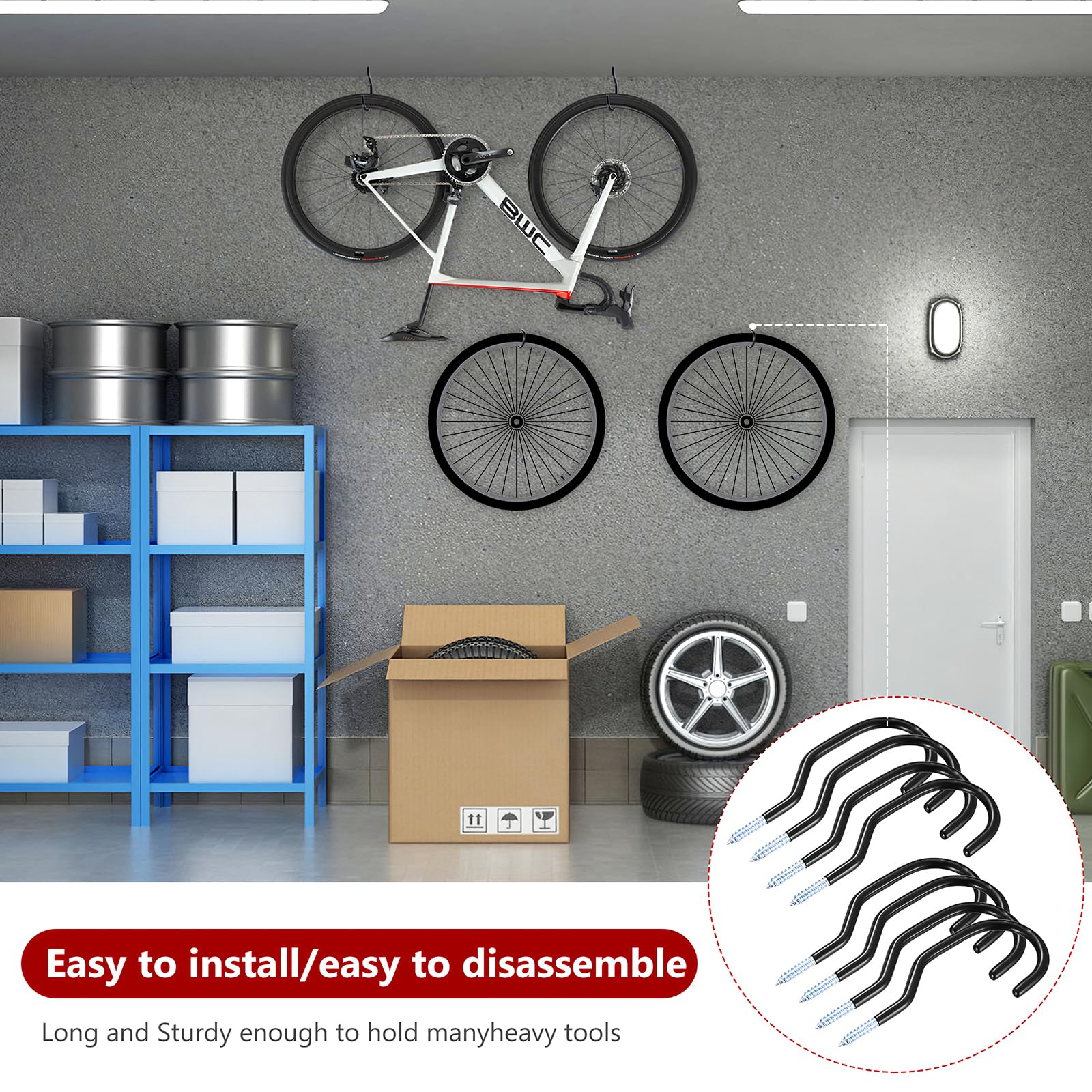 8 Crochets De Rangement Muraux Pour Garage - Acier Au Carbone, PVC, Pour Vélos, Outils, Tuyaux D'arrosage (Noir)