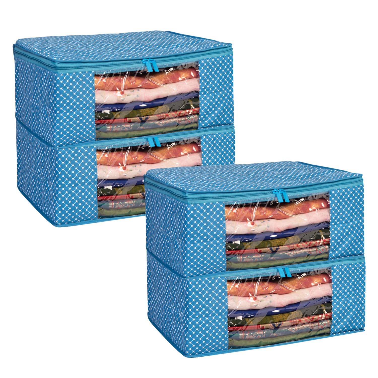 Homestrap set of 4 Cotton Quilted 3 Layered Foldable Saree Covers/Clothes Storage Bag/Wardrobe Organizer With Transparent Window And Zip For Lehenga, Suit, Dress,& Accessories (Blue)