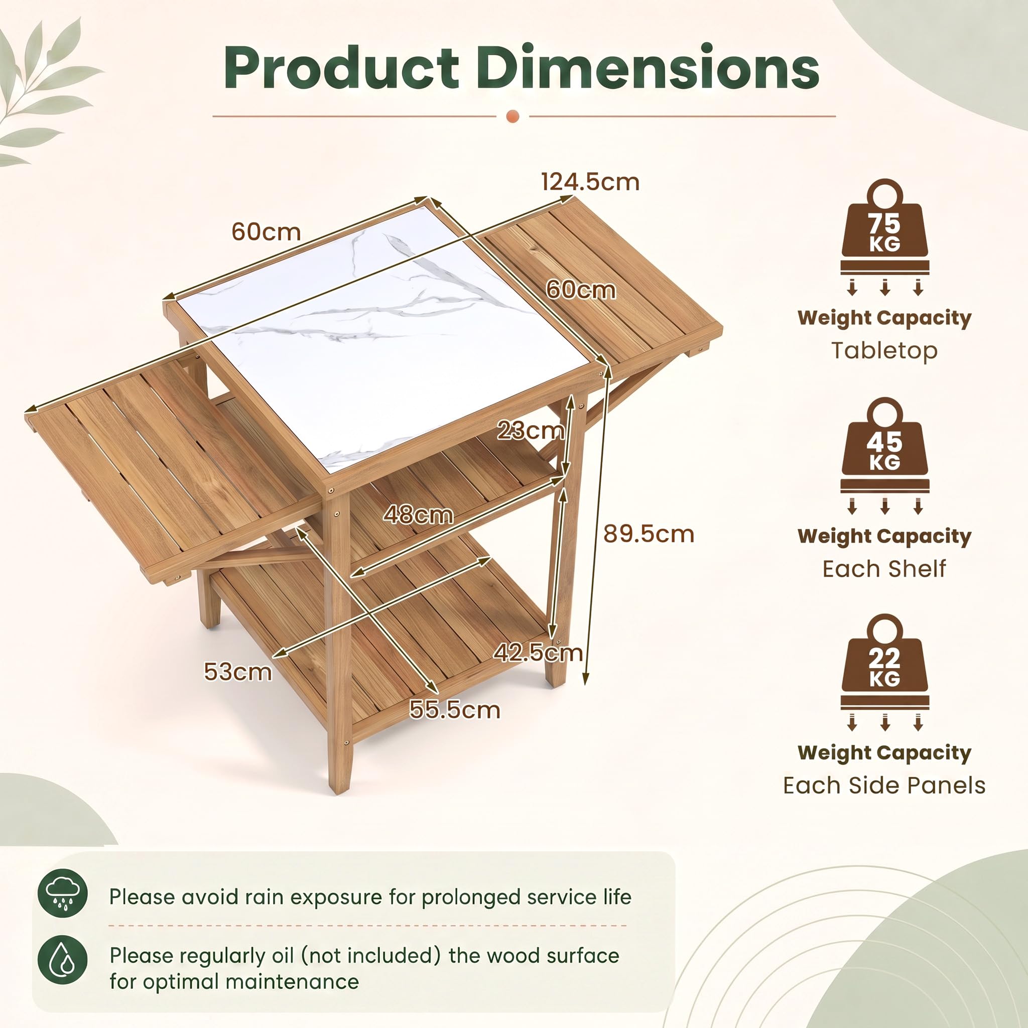 Giantex Mesa de Barbacoa de Exterior, Mesa de Parrilla de Madera de Acacia | 124,5x60x89,5cm, Mesa de Madera Acacia, Tablero con Diseño de Imitación de Mármol, Estantes de Listones, para Jardín, Terraza