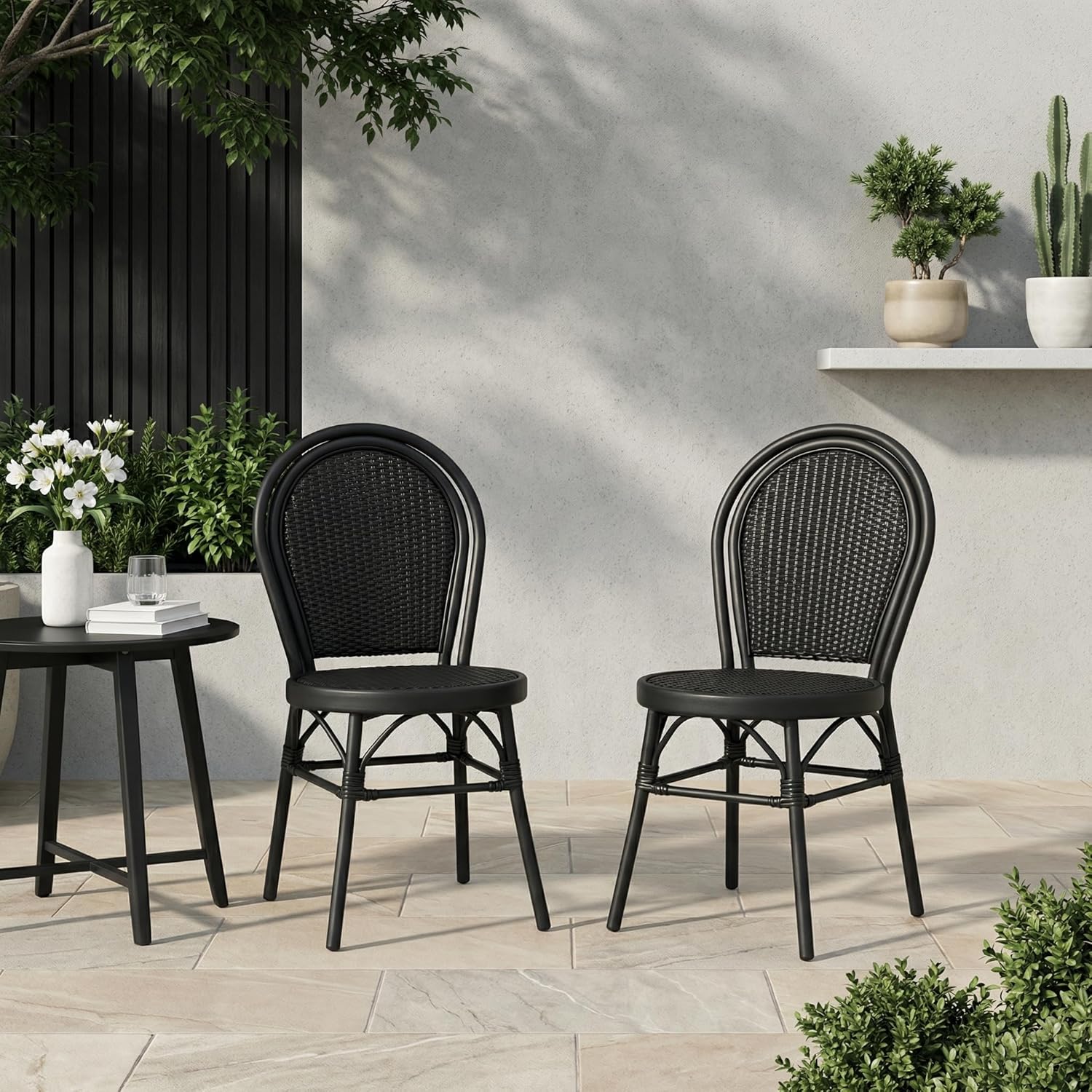 Christopher Knight Home Idle Hour Coastal Outdoor Bistro Chairs Set of 2, Aluminum Patio Dining Chairs Set of 2, Wicker Patio Furniture Amrless Accent Chair for Garden/Backyard/Balcony, Black