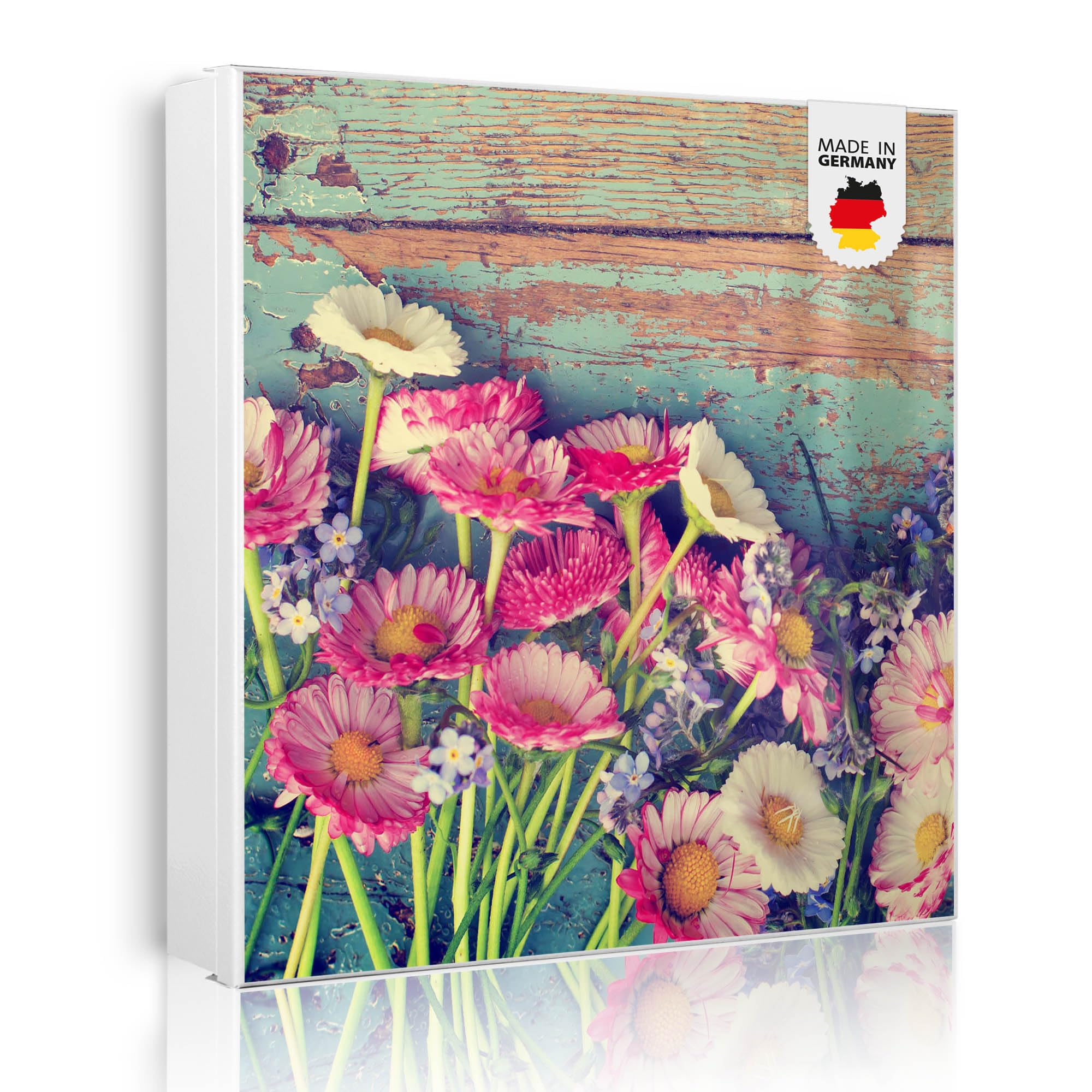 banjado Großer Schlüsselkasten Metall - Schlüsselbox 30x30cm beschreibbarer mit 32 Haken - Schlüsselkasten modern für Schlüsselaufbewahrung - Korpus Weiß Scharnier Rechts - Motiv Blumenpfücken