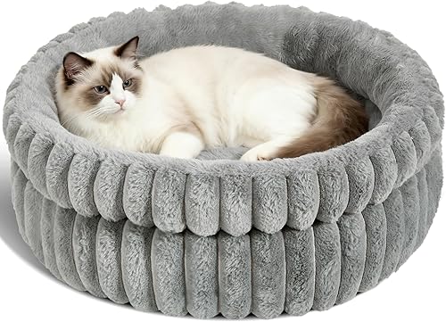 Miniatura 8 de Cama para gatos, cama para gatitos, camas redondas lavables para gatos de interior, cama de felpa súper suave de piel sintética para cachorros y
