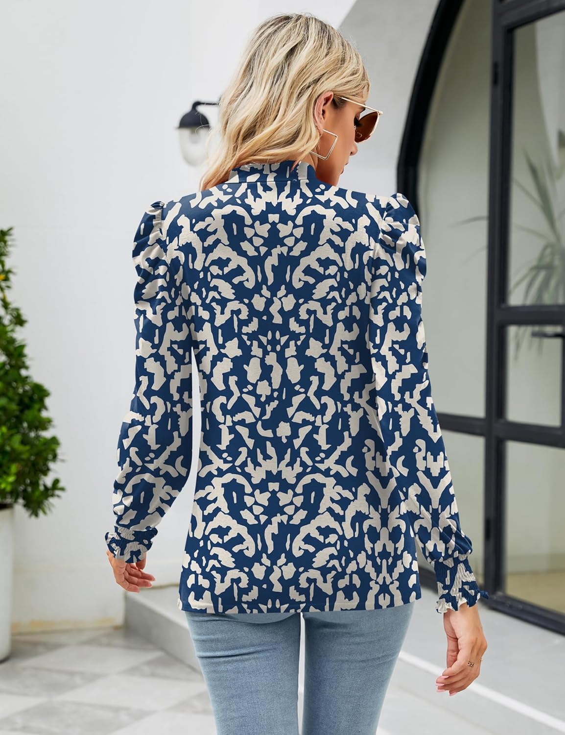 LUYAA Puff Long Sleeve Shirts for Women Tops Dressy Casual Frill Mock Neck Smocked Cuffs Blouses - Image 4