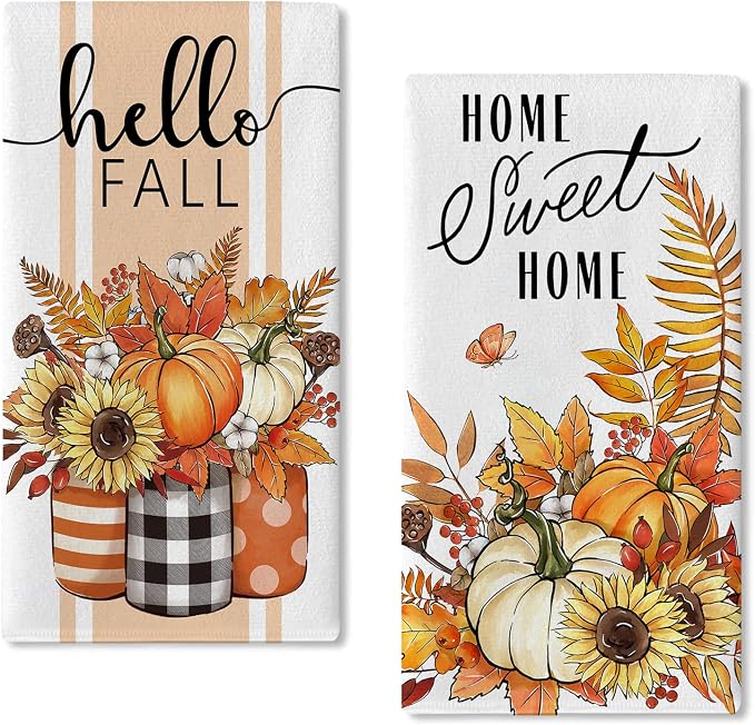 Seliem Hello Fall Pumpkin Sunflower Kitchen Dish Towels Set of 2, Autumn Harvest Floral Flower Jar Hand Towels Drying Baking Cooking Cloth, Thanksgiving Farmhouse Sweet Home Kitchen Decor 18x26 Inch