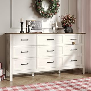 Farmhouse Dresser for Bedroom, 9 Drawers Dresser with Metal Handle, Natural Texture, Wood Rustic Chest of Drawers for Bedroom,Living Room,Hallway and Entryway, Antique White