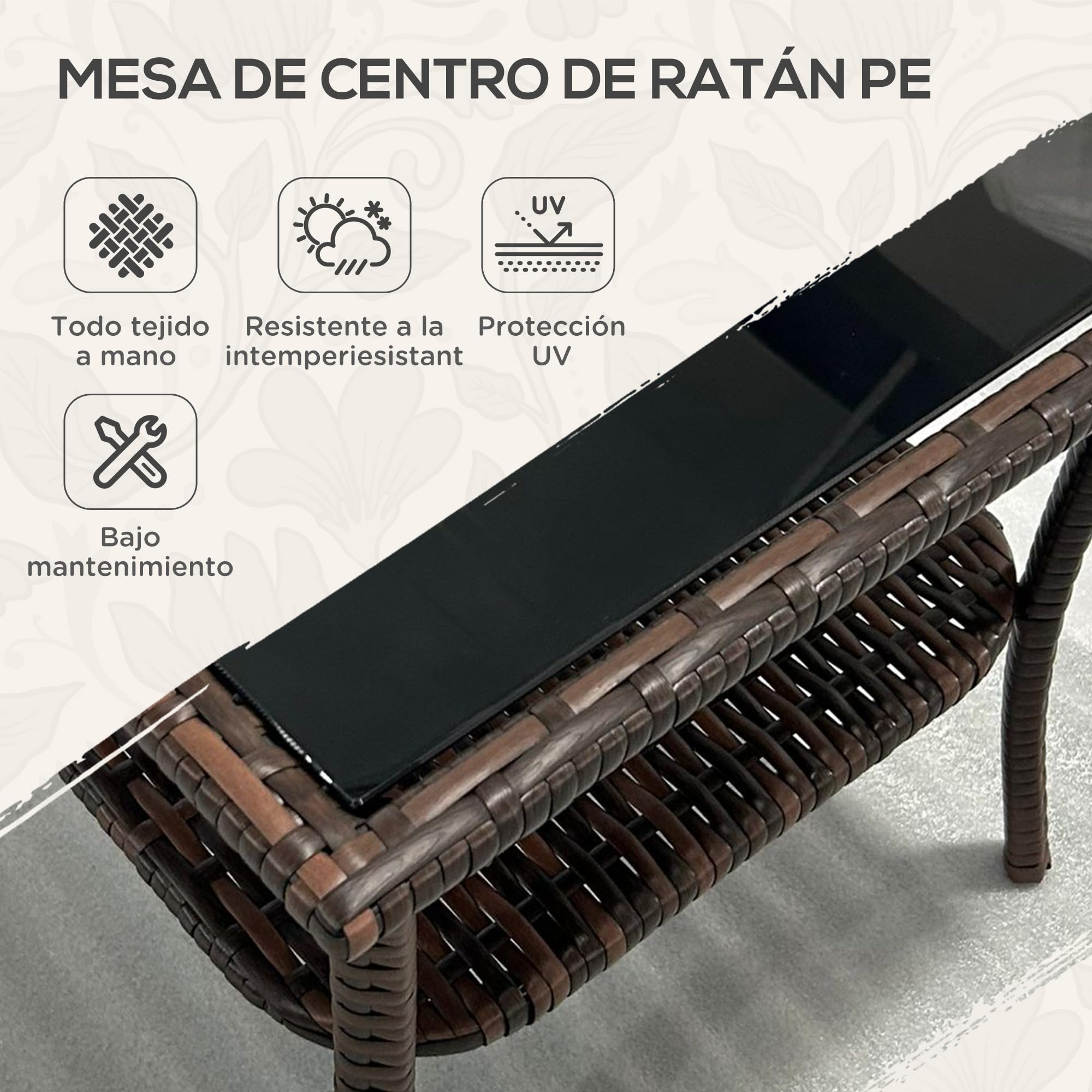 Outsunny Mesa de Ratán Sintético Cuadrada 50x50x45 cm con Estante Marrón | Mesita Exterior Pequeña, Encimera de Vidrio y Marco de Acero, Carga 30 kg, para Terraza Patio