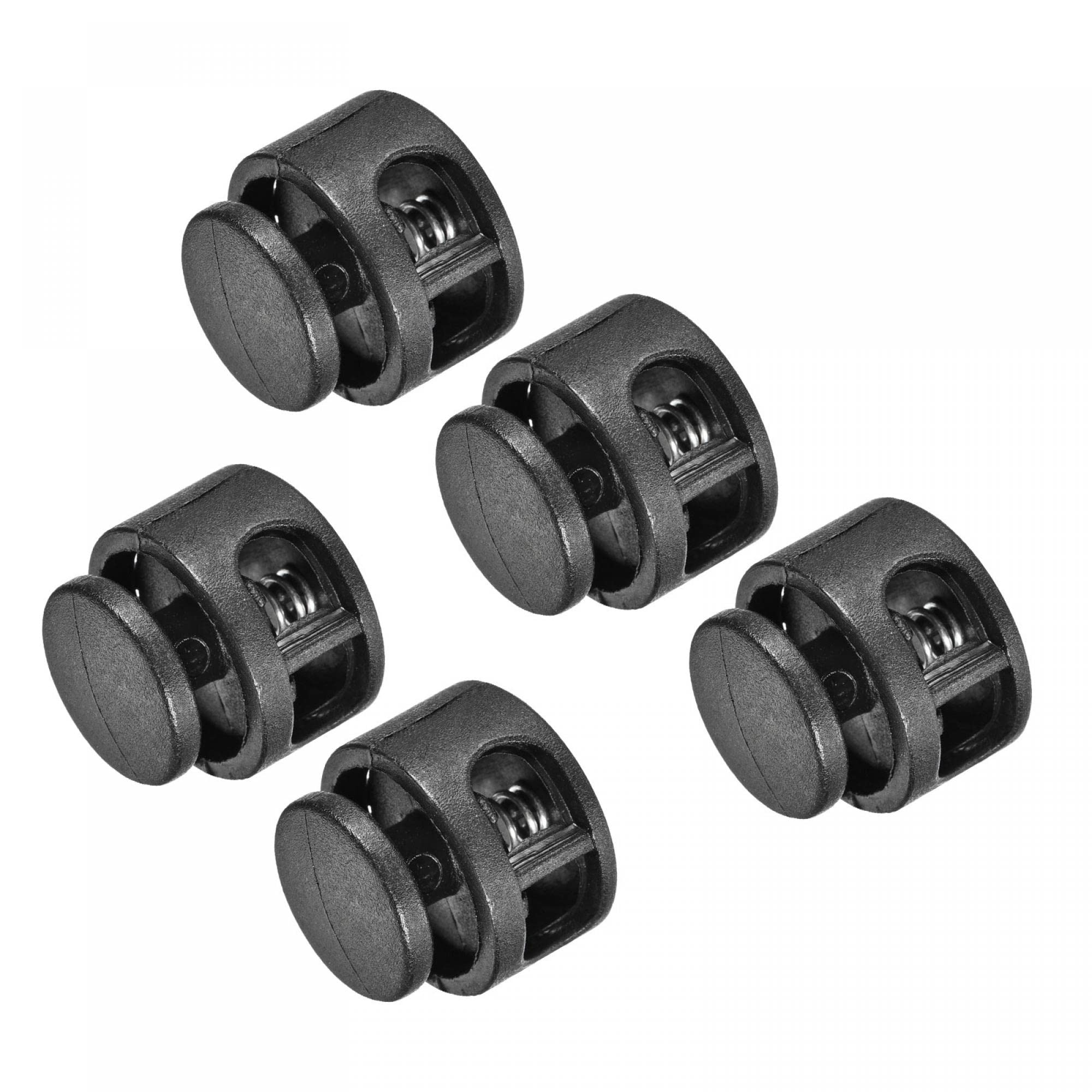sourcing map Cord Stoppers, 6mm Dia 2 Hole Plastic Spring Tent Rope Anti-slip Buckle for Outdoor Camping, Black Pack of 5