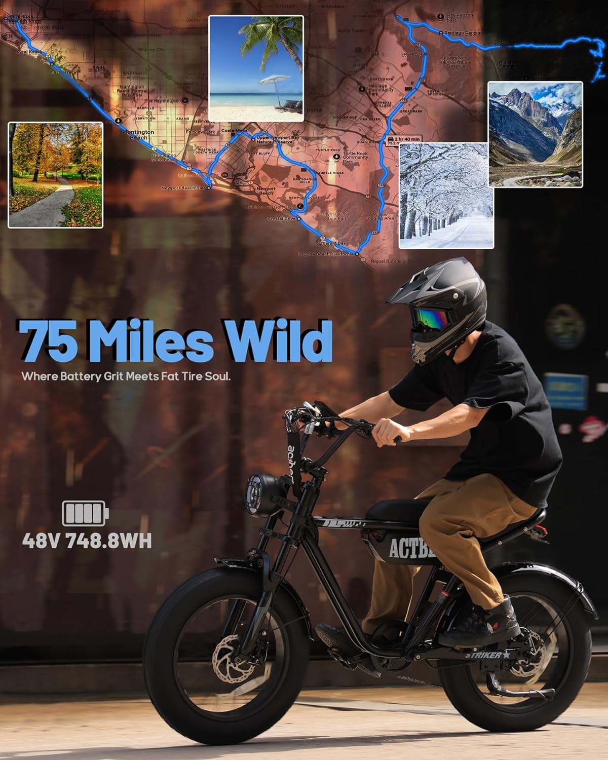 ACTBEST 20" Electric Bike,Peak 1500W, 48V 15.6Ah Fat Tire All-Terrain Electric Motorcycle, Hydraulic Brakes,Full Suspension, Electric Dirt Bike for Adults on Mountains,Snow,with Lock and Middle Frame