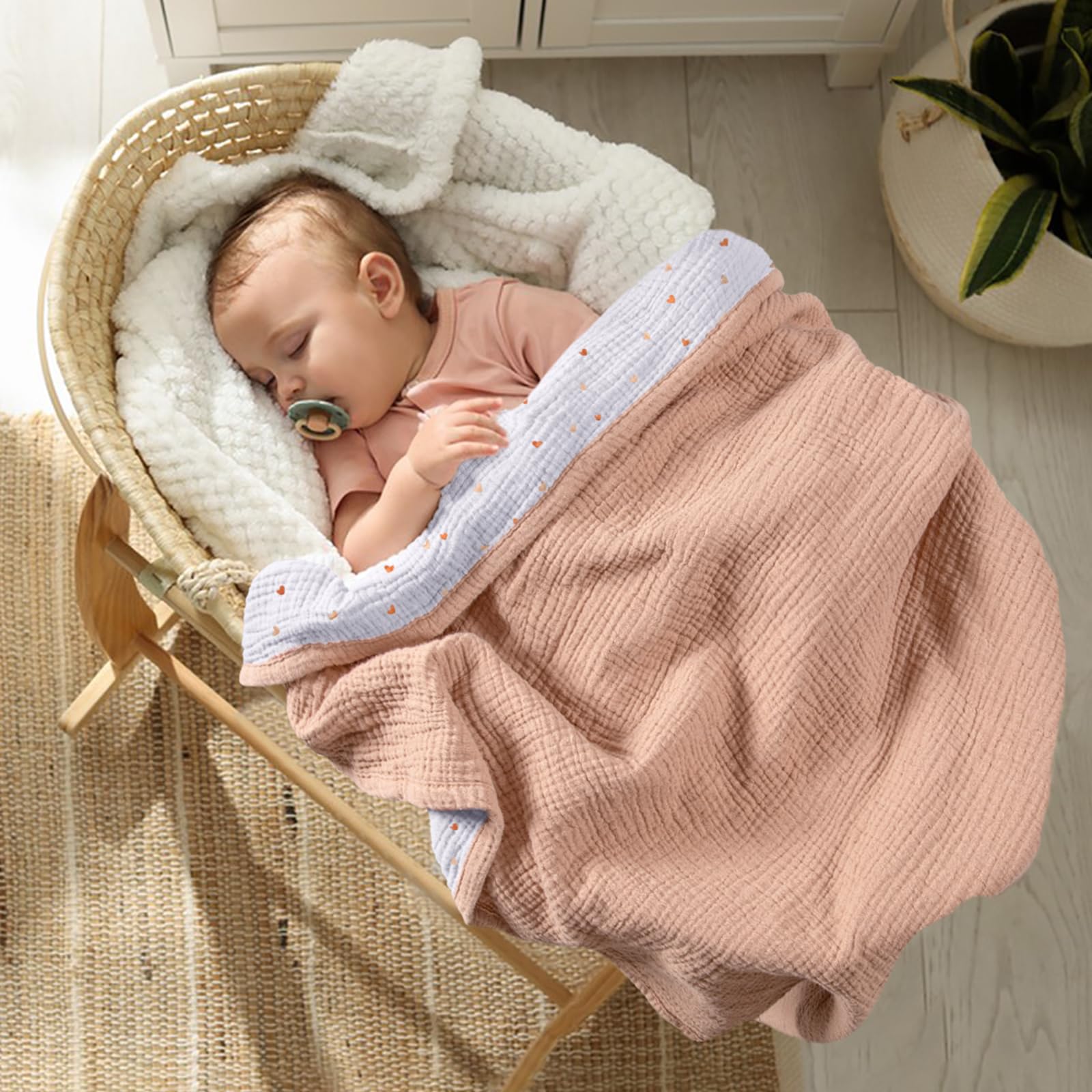 lulumoon Musselin-Babydecke – Baumwoll-Steppdecken für Kleinkinder – wendbare Kinderbettdecke für Babys, Jungen und Mädchen, 120 x 120 cm (Pfirsich Pink)